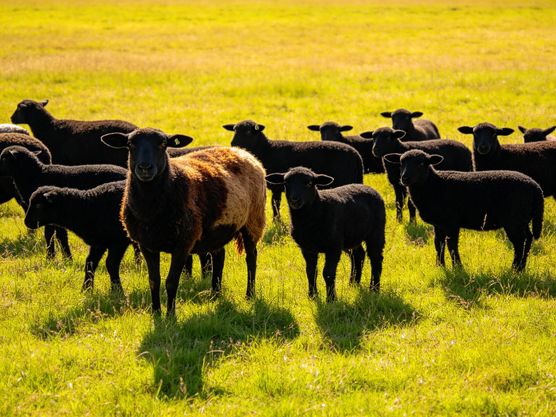 A flock of black sheep with one brown sheep in a sunny meadow