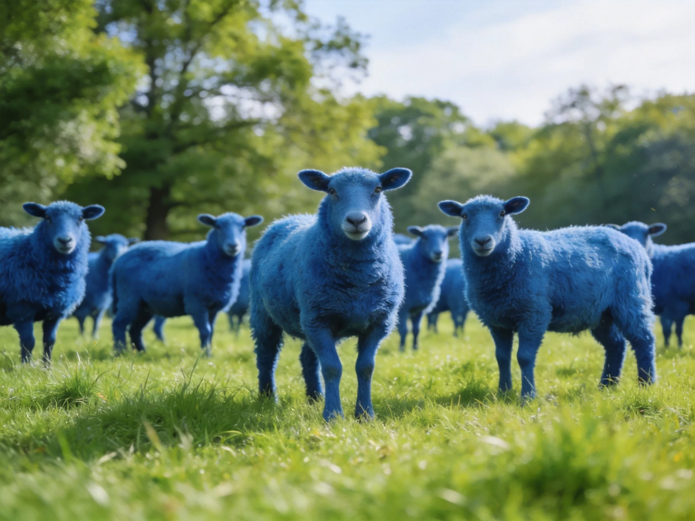 A flock of bright blue sheep gathered on a verdant grassy field