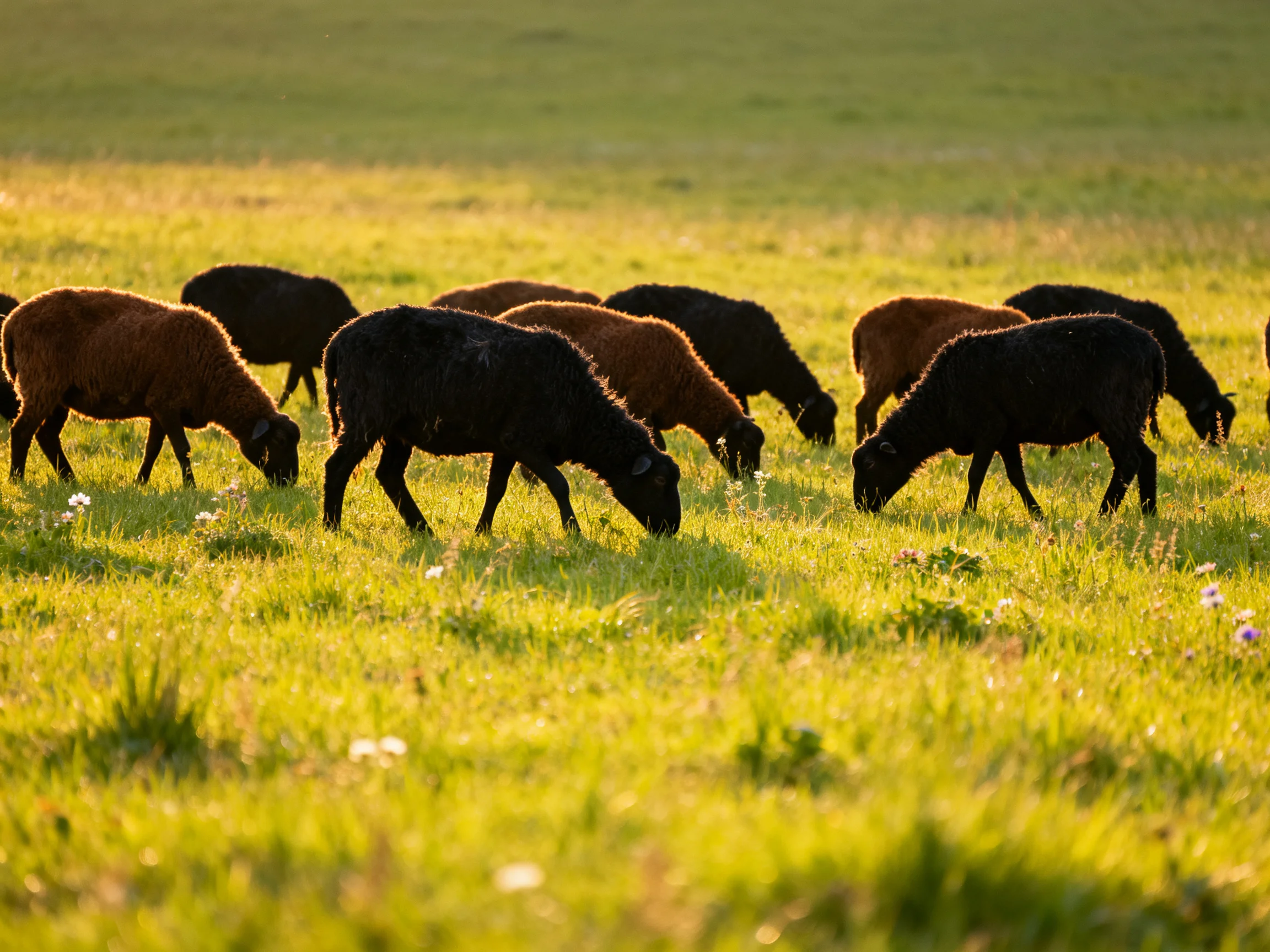 A flock of brown and black sheep graze in a sunlit green pasture