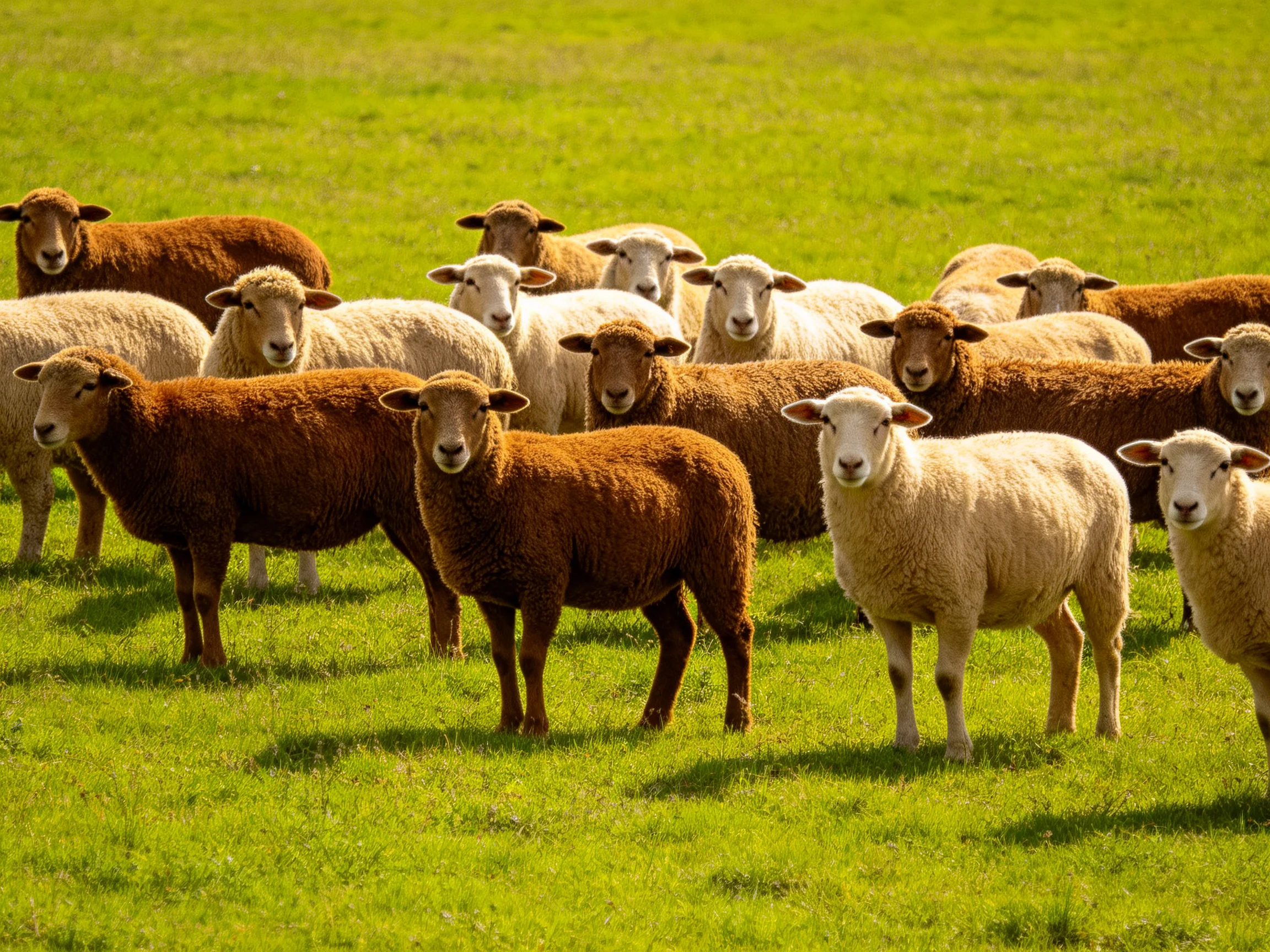 A flock of brown and white sheep gathered in a lush green pasture