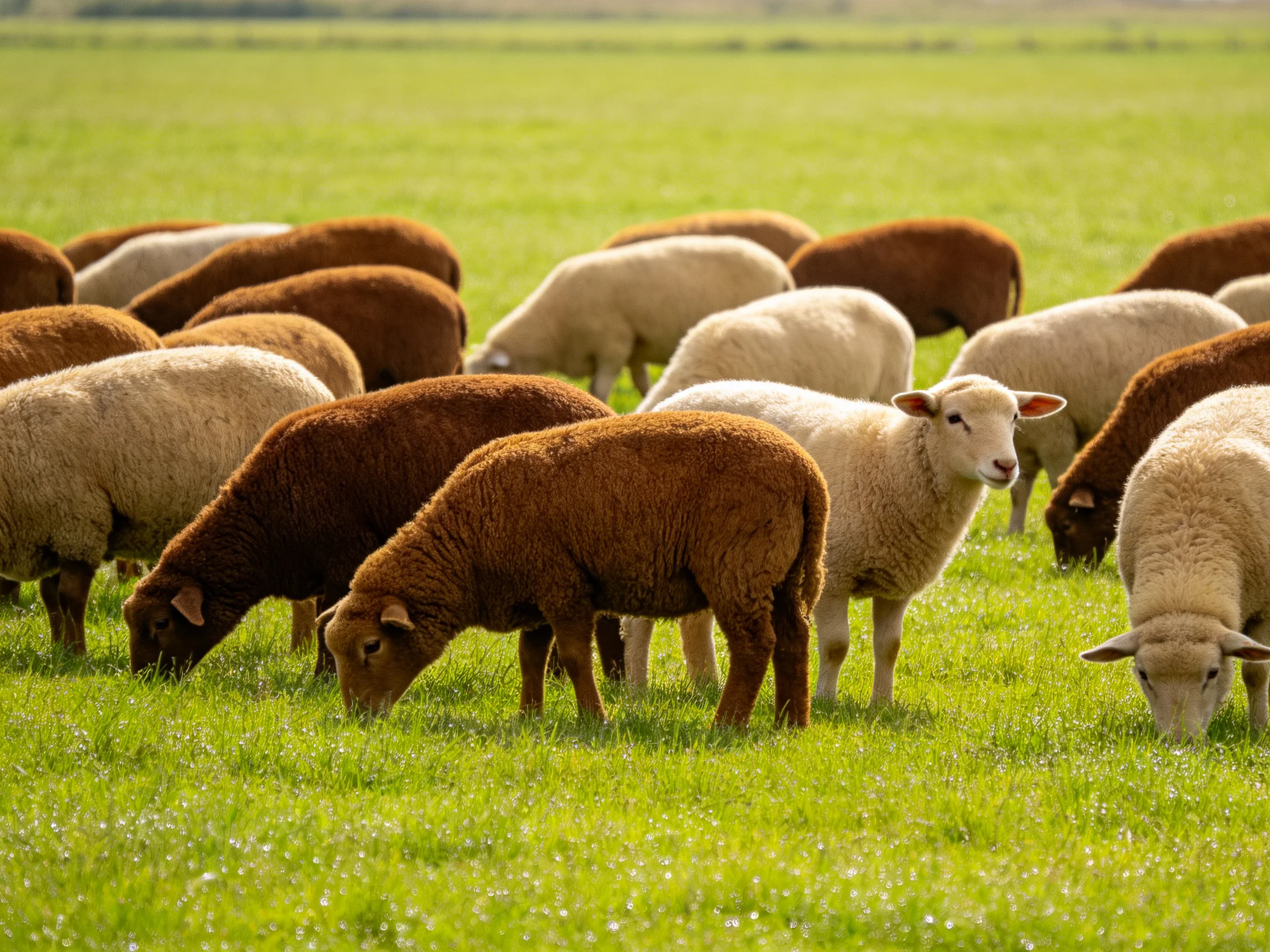 A flock of brown and white sheep graze in a lush green pasture