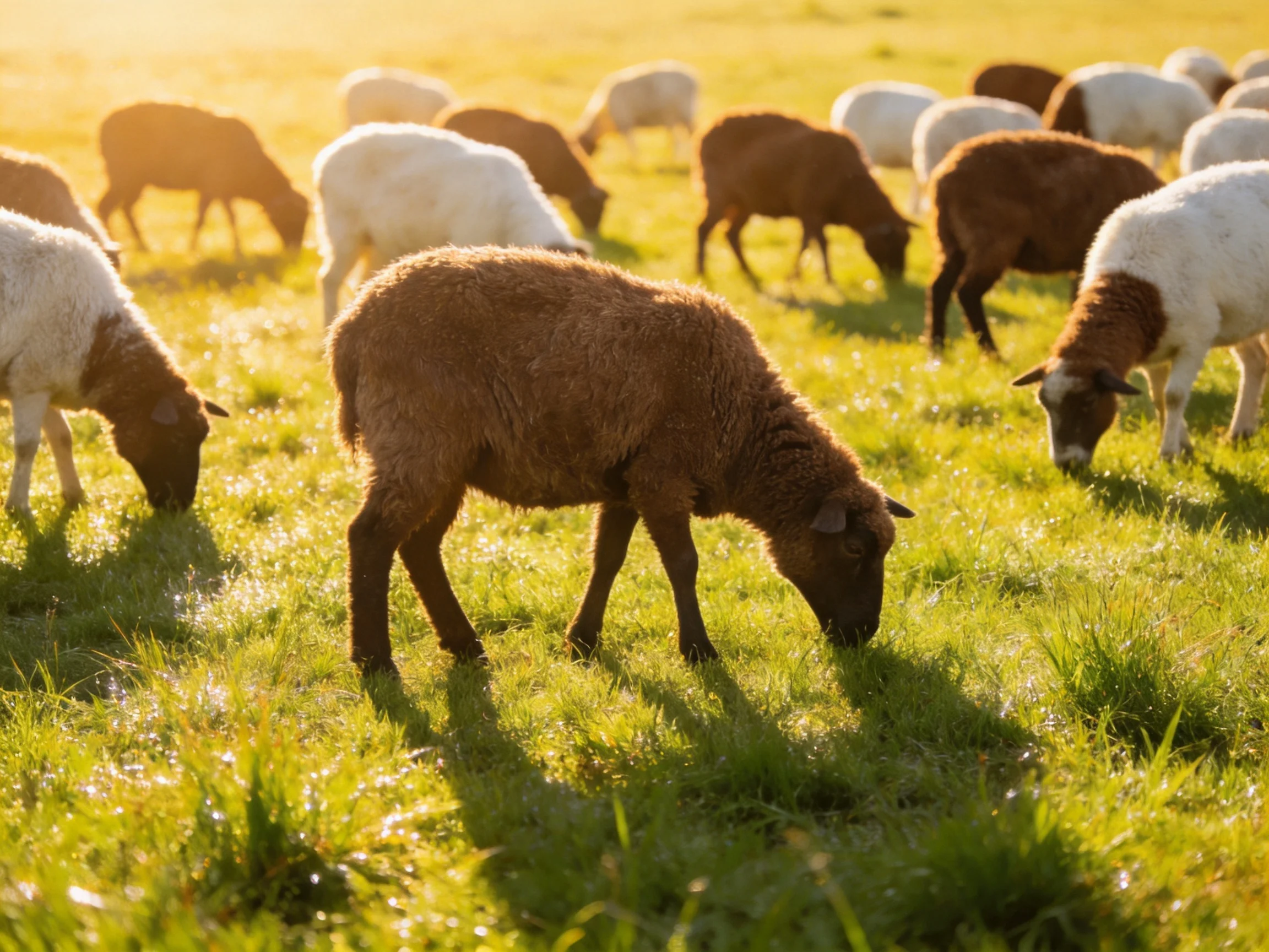 A groupof sheep with brown and white coats graze in a sun-drenched pasture.