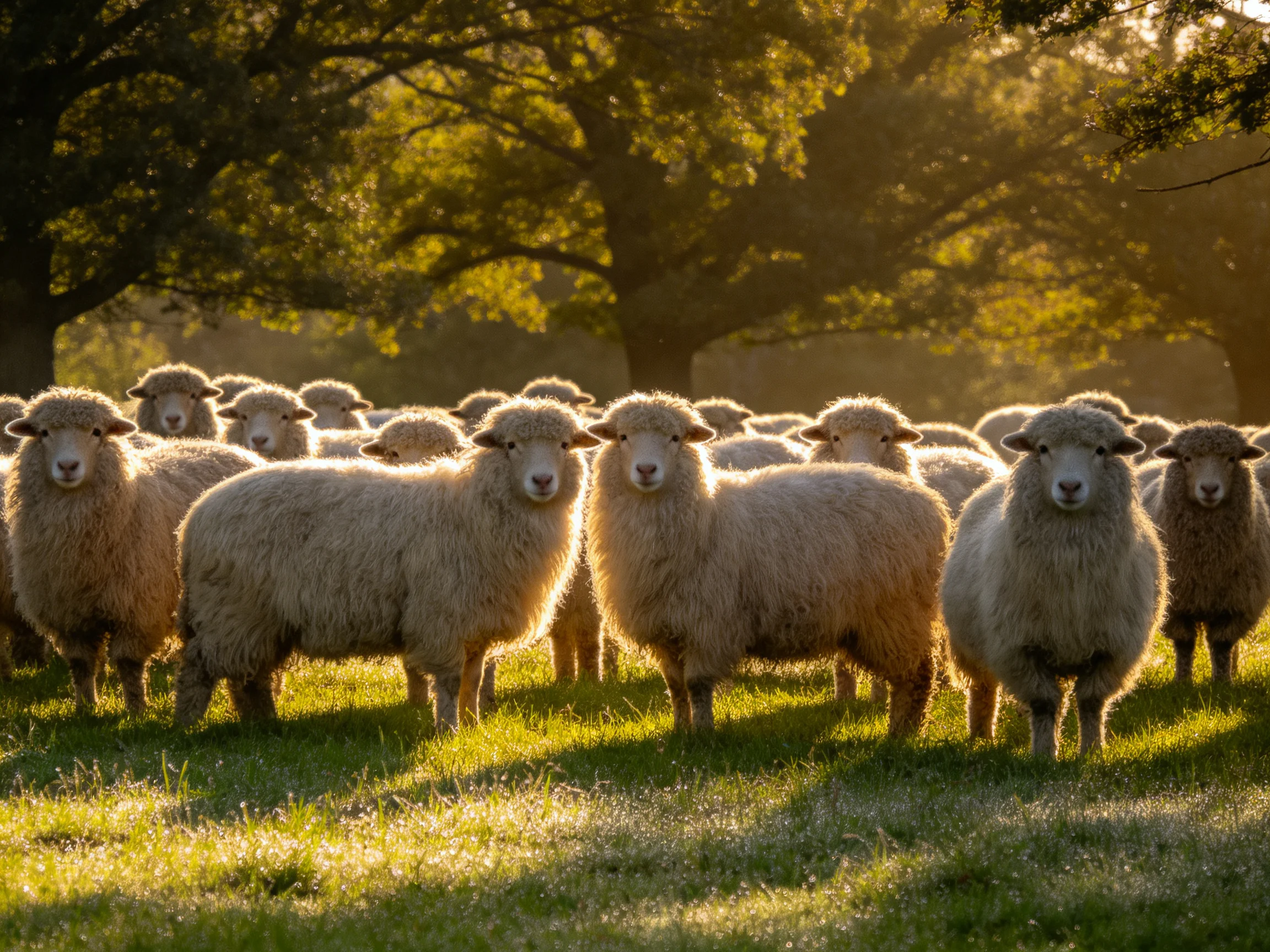 Sheep gather in a sunlit pasture surrounded by trees.