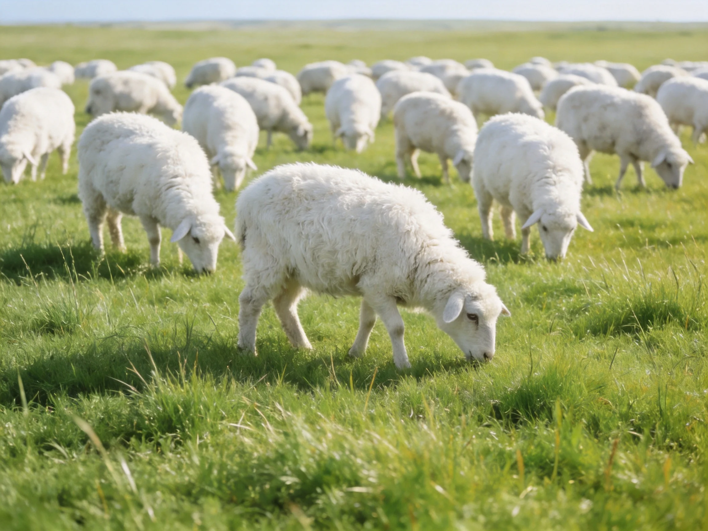 A flock of fluffy white lambs graze on lush green pasture