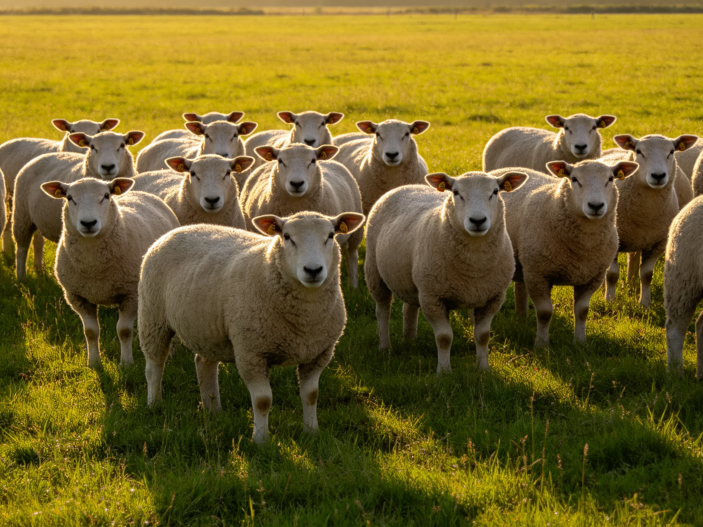 A flock of fluffy white lambs in a golden-green pasture