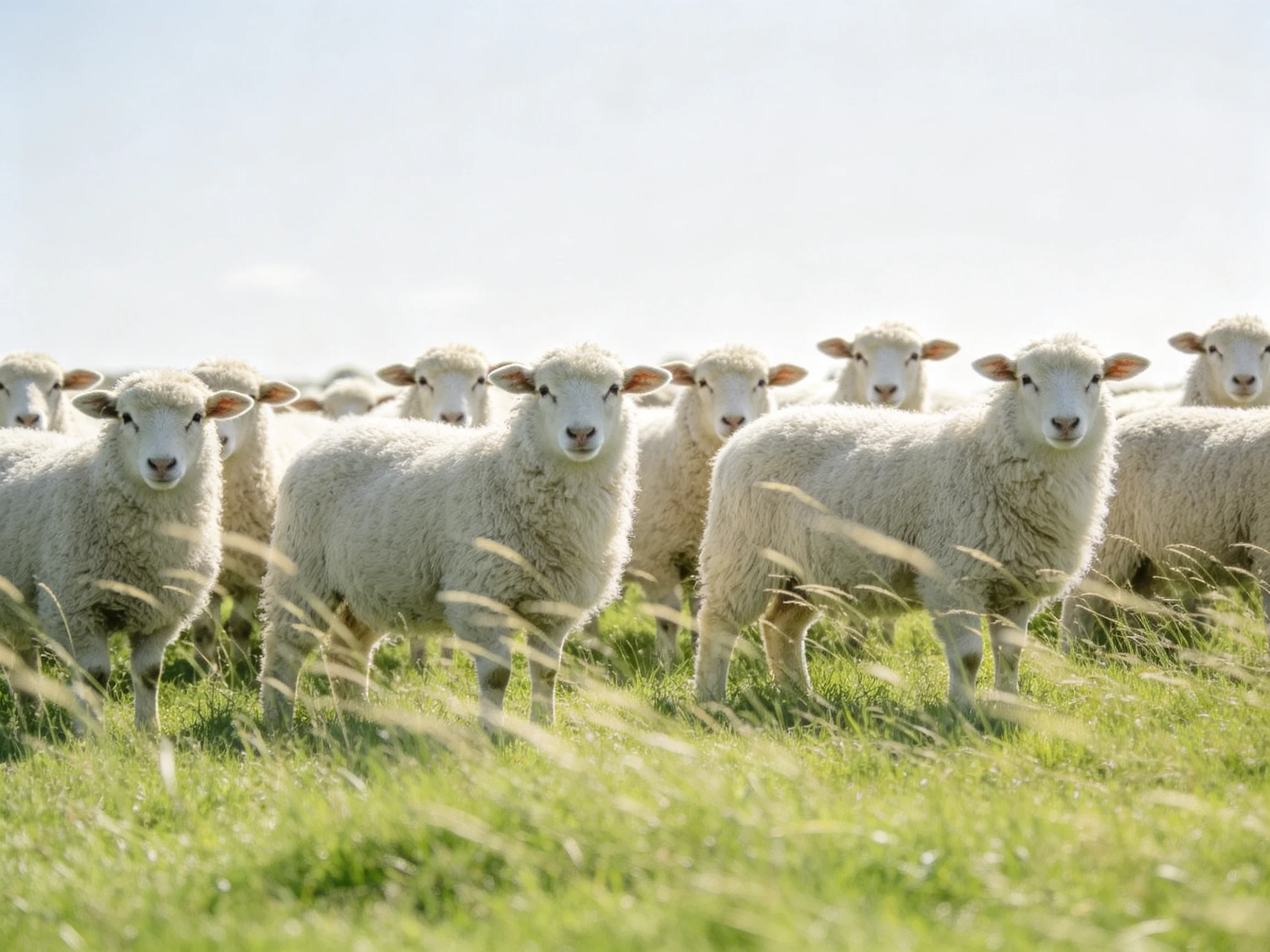 A flock of fluffy white lambs in a sunlit green pasture