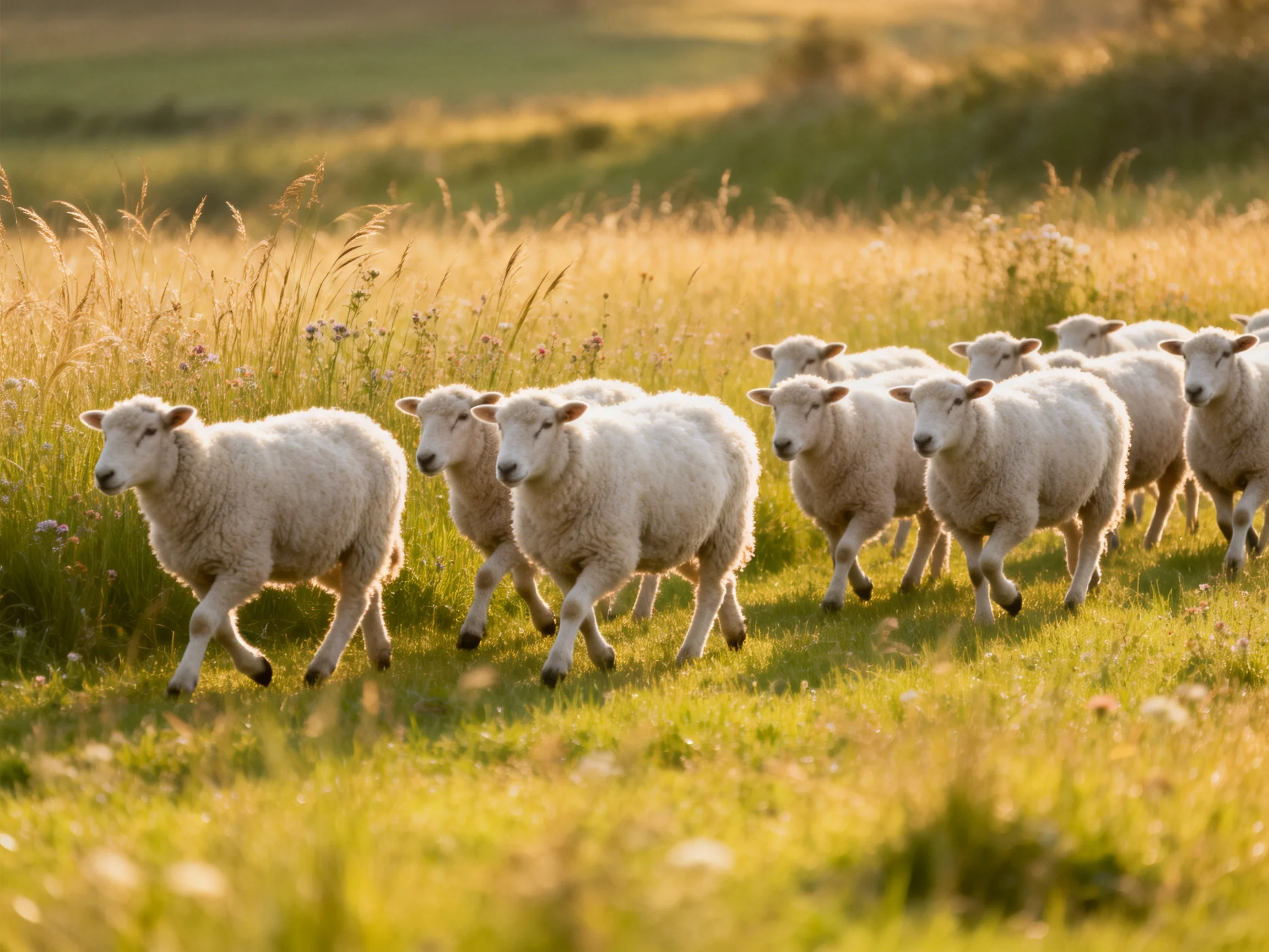 A flock of fluffy white lambs running through a sunlit meadow