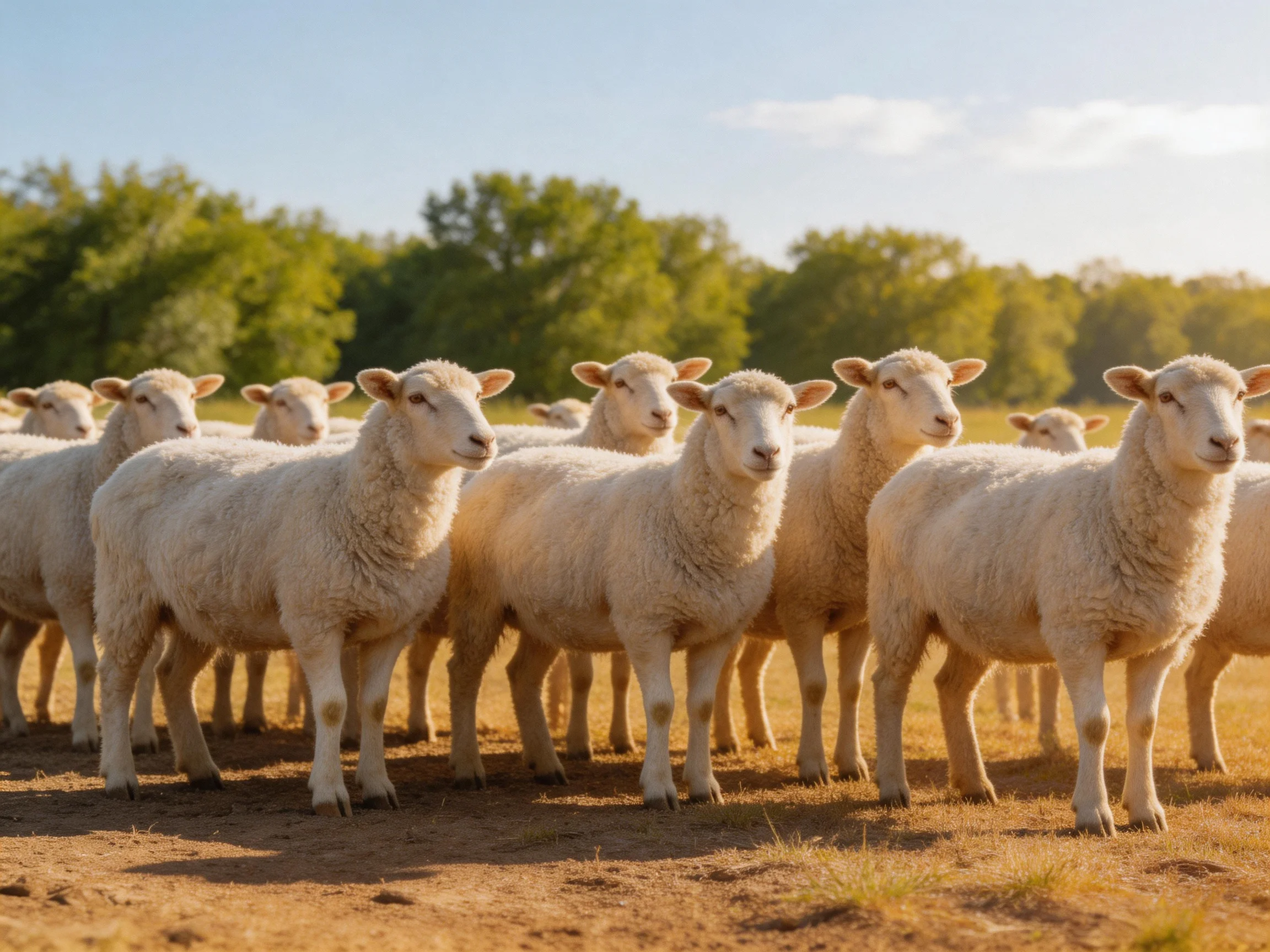 A flock of fluffy white sheep gathered in a sunlit field with green trees