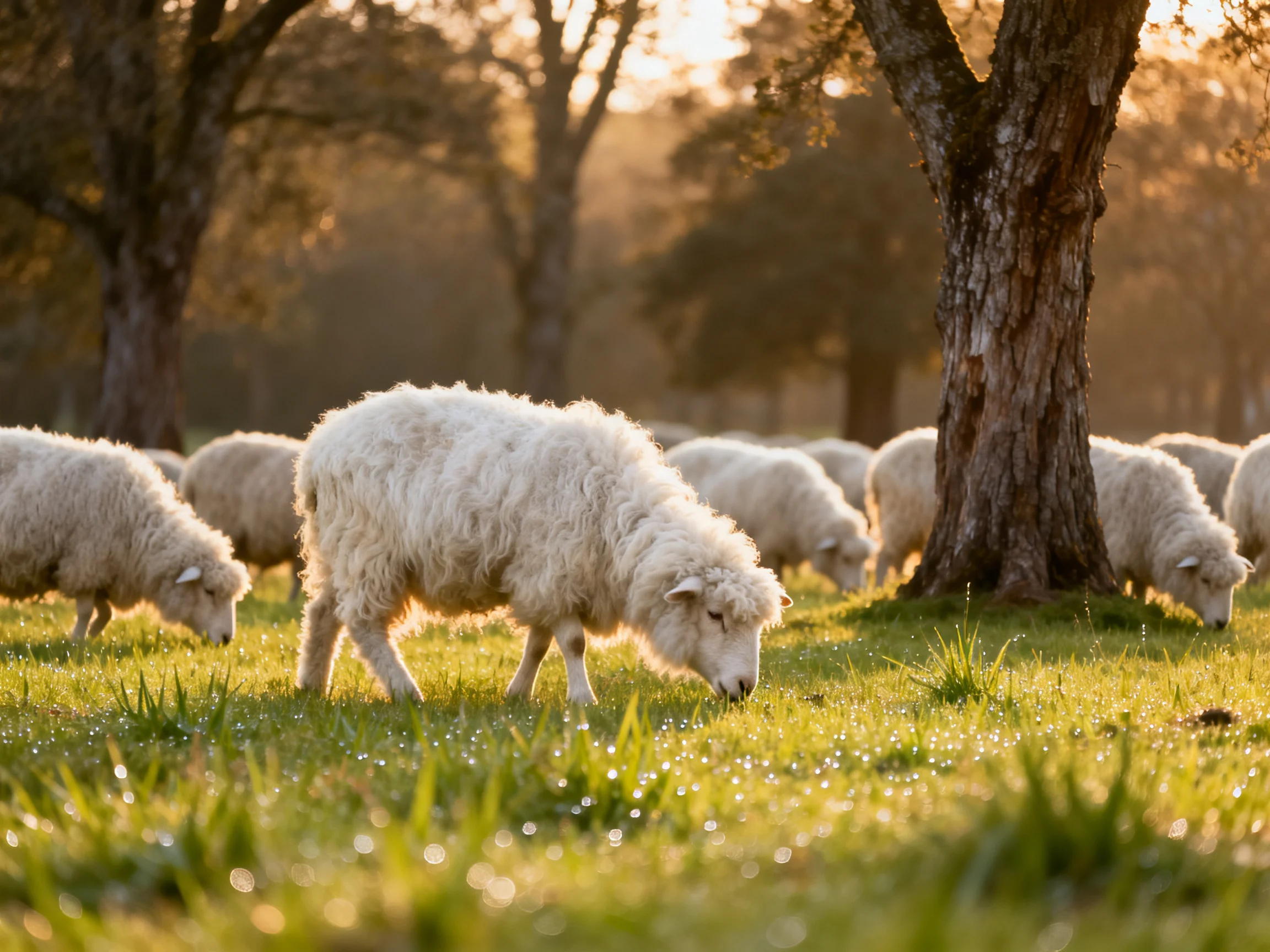 A flock of fluffy white sheep graze in a sunlit meadow near tall trees