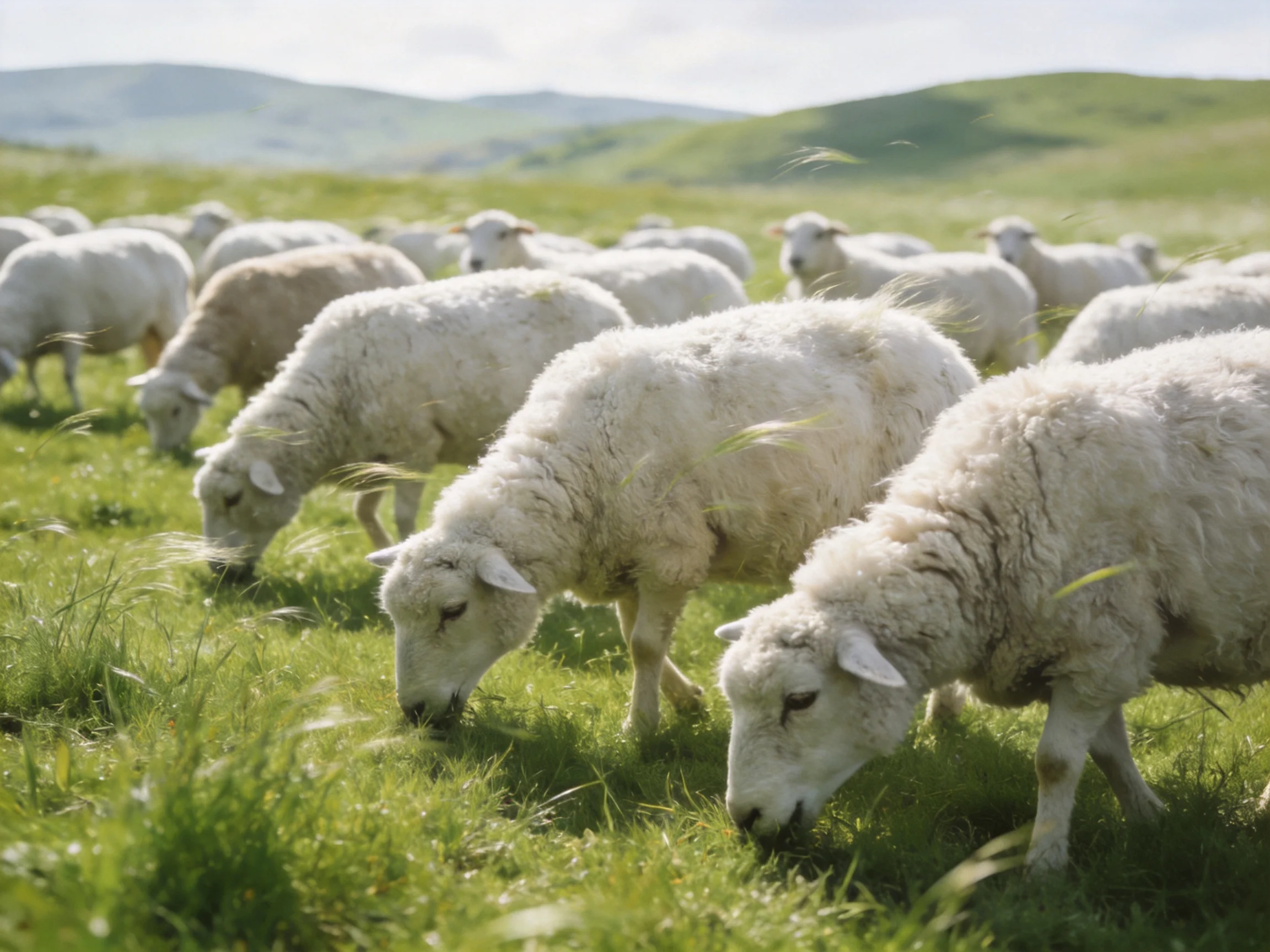 A flock of fluffy white sheep grazing in a lush green meadow