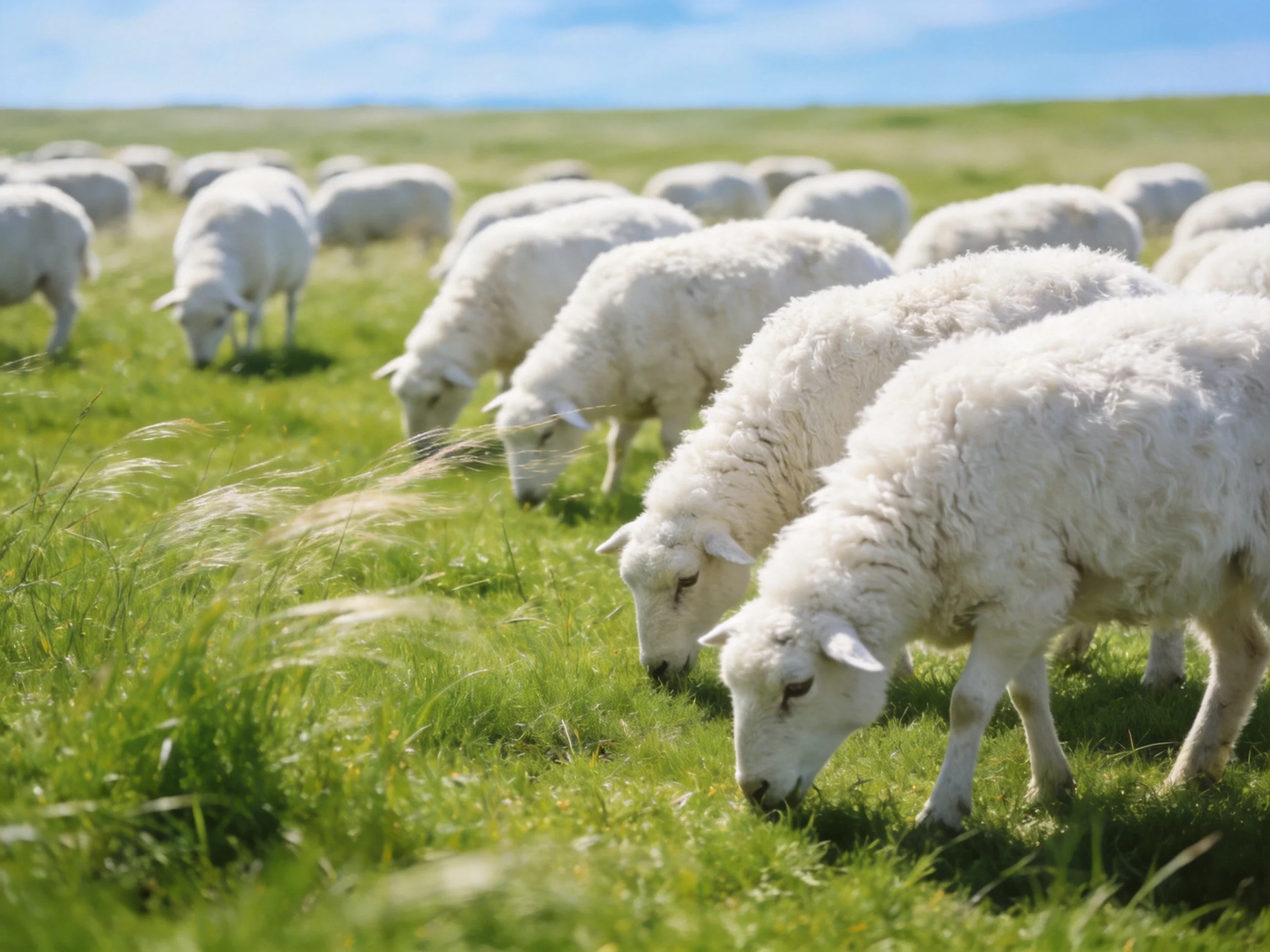 A flock of fluffy white sheep grazing in a lush green meadow