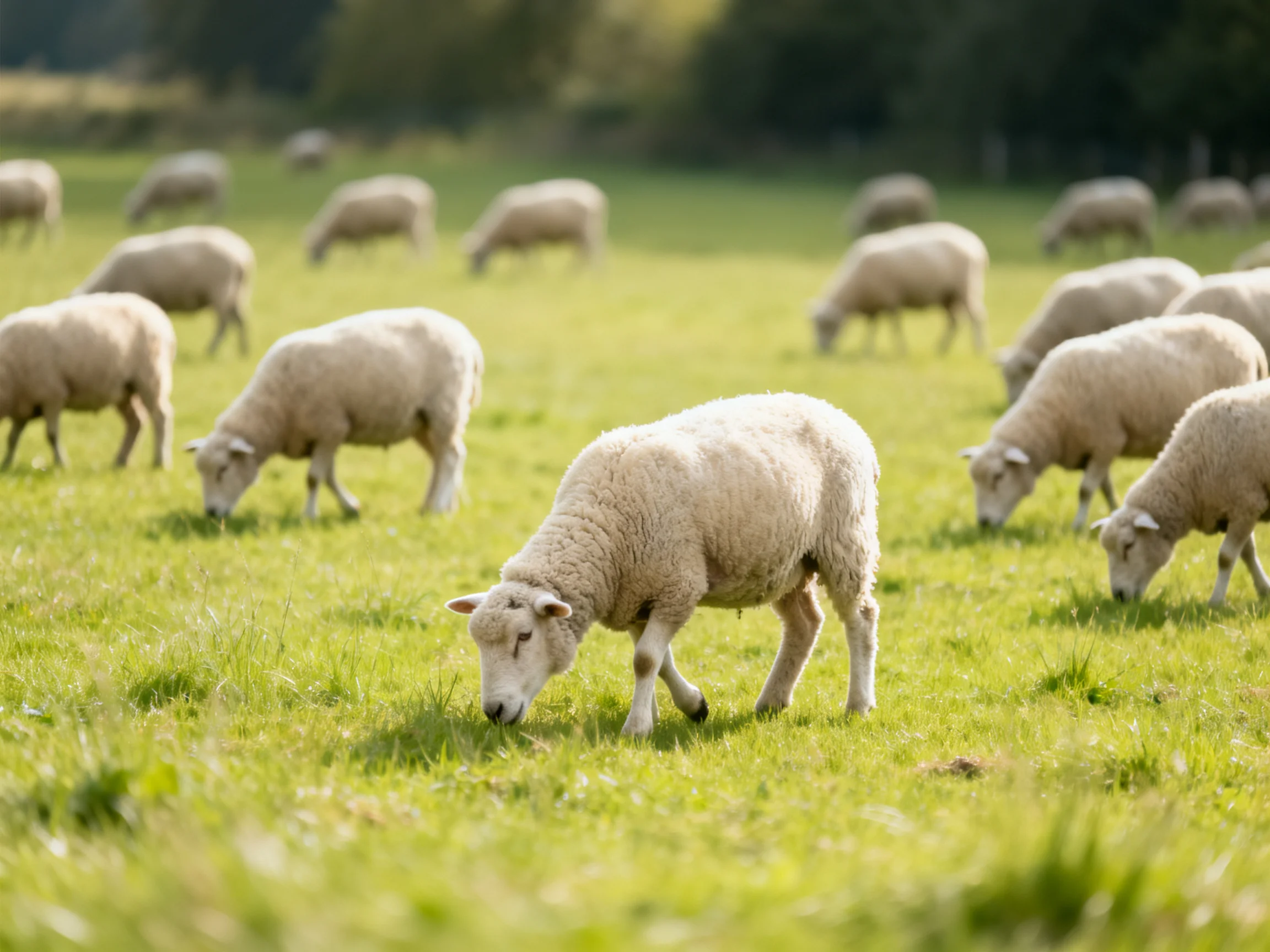 A flock of fluffy white sheep grazing in a lush green pasture