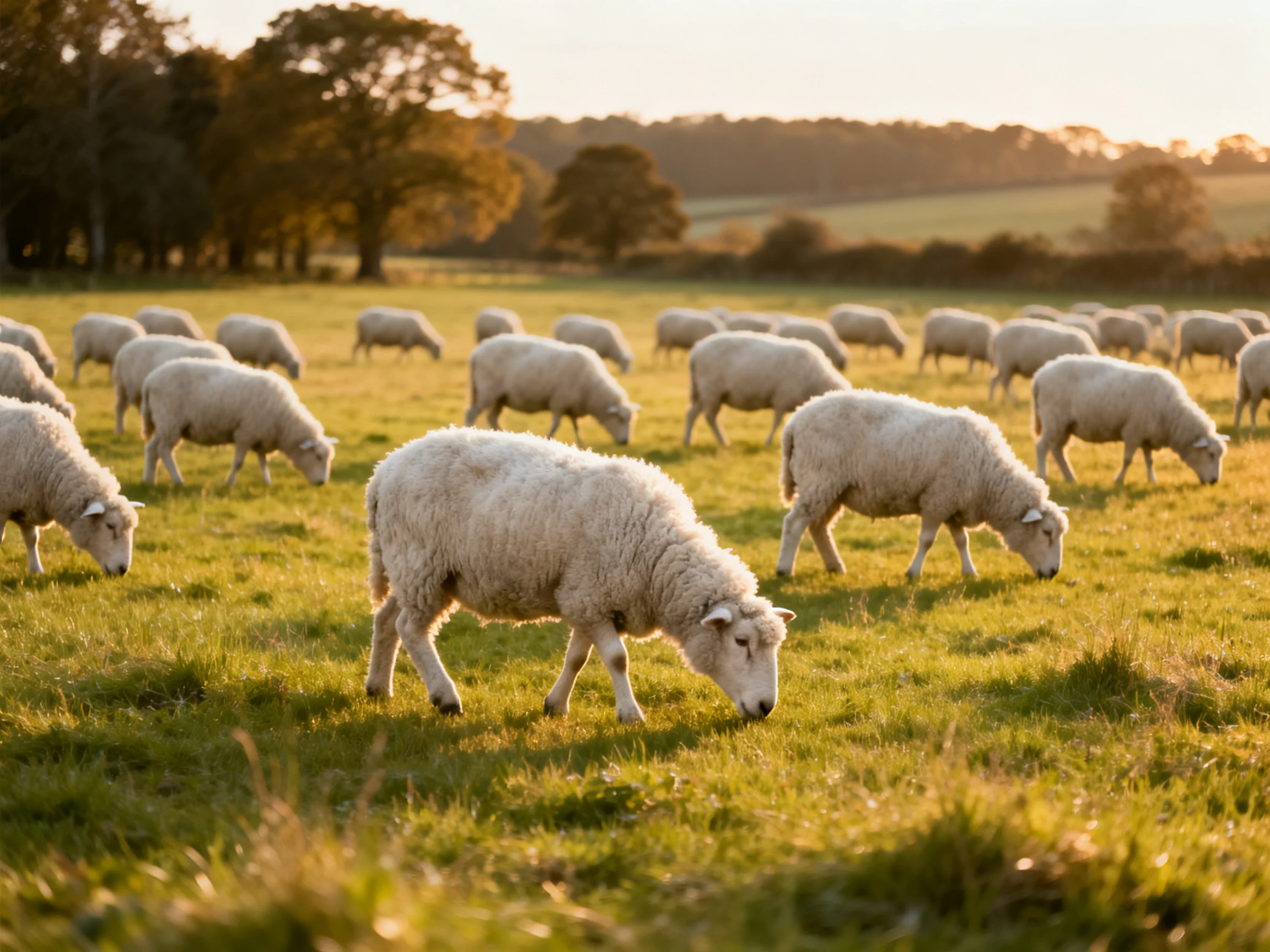 A flock of fluffy white sheep grazing in a sunlit green pasture