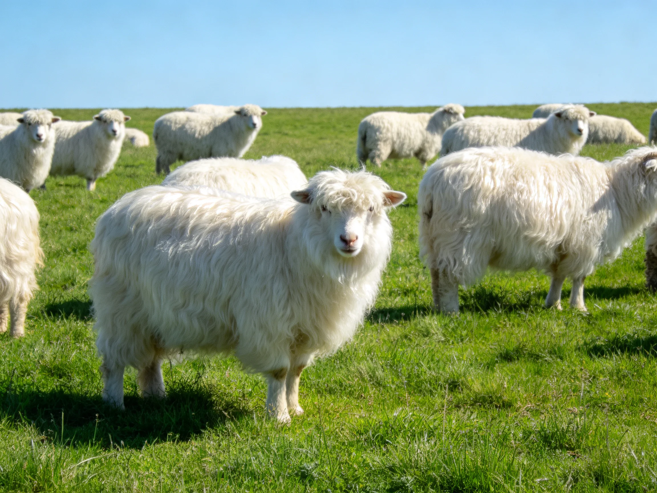 A flock of fluffy white sheep in a lush green pasture