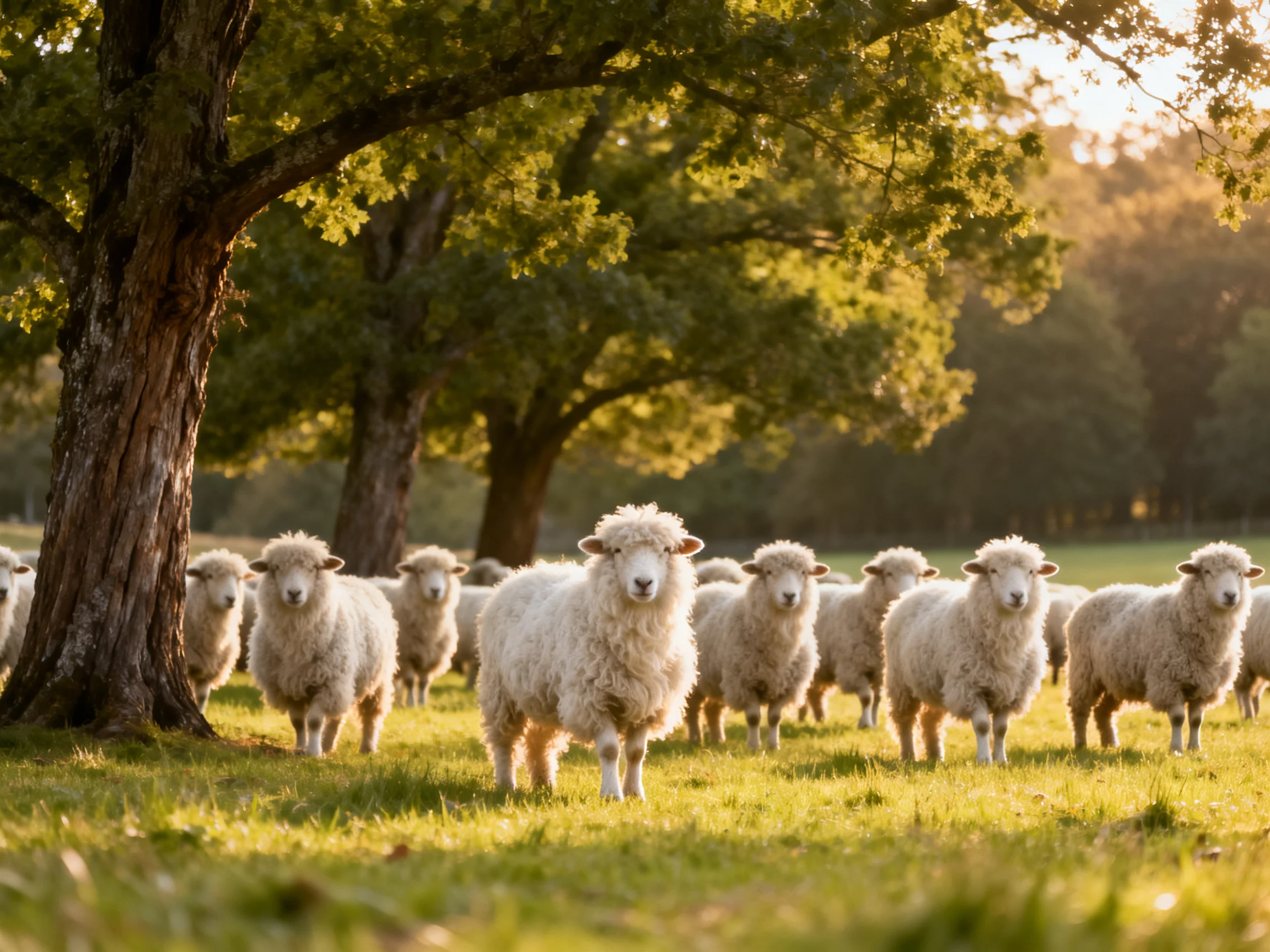 A flock of fluffy white sheep in a sunlit grassy field near large trees
