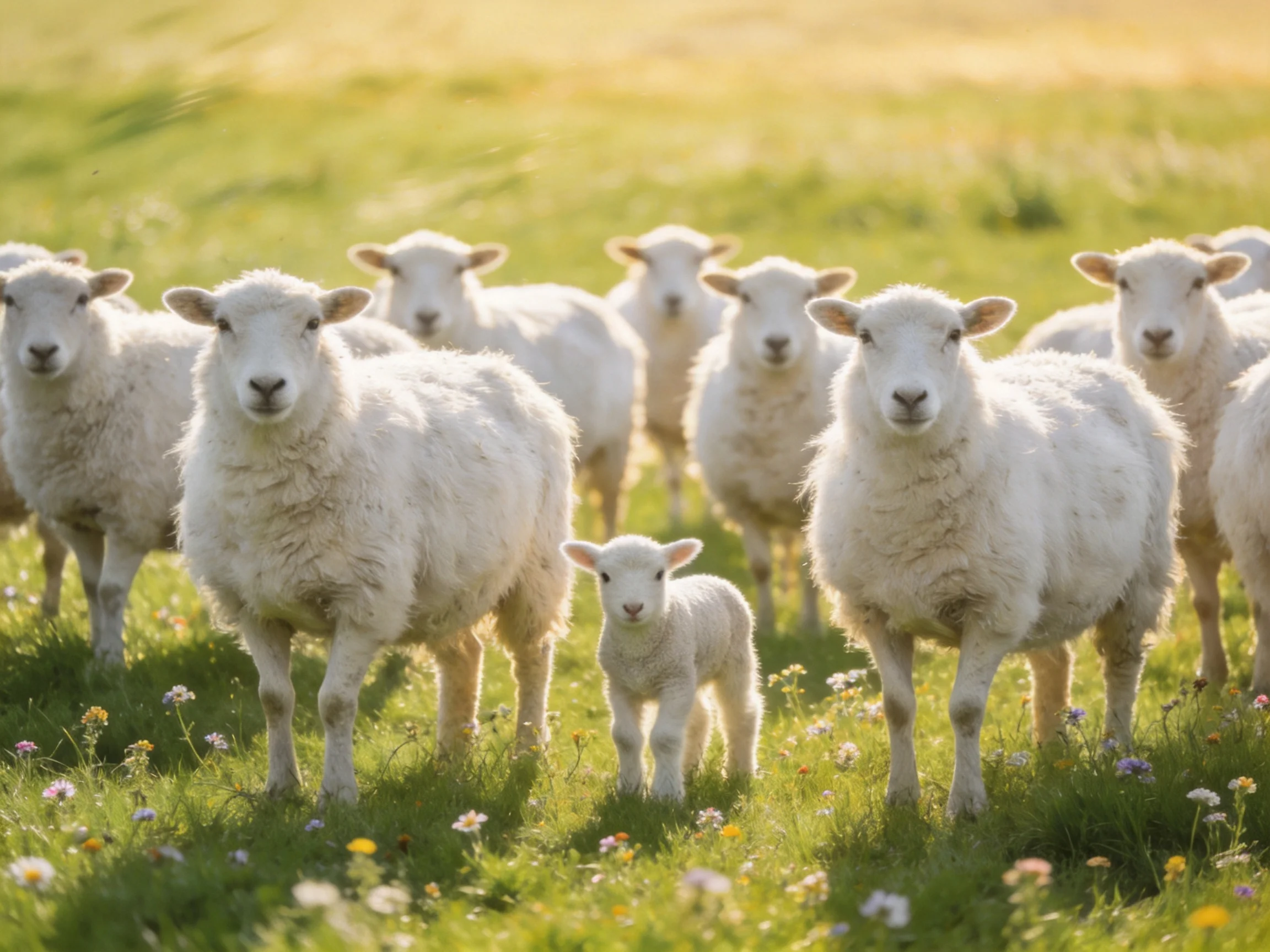 A flock of fluffy white sheep in a sunlit meadow