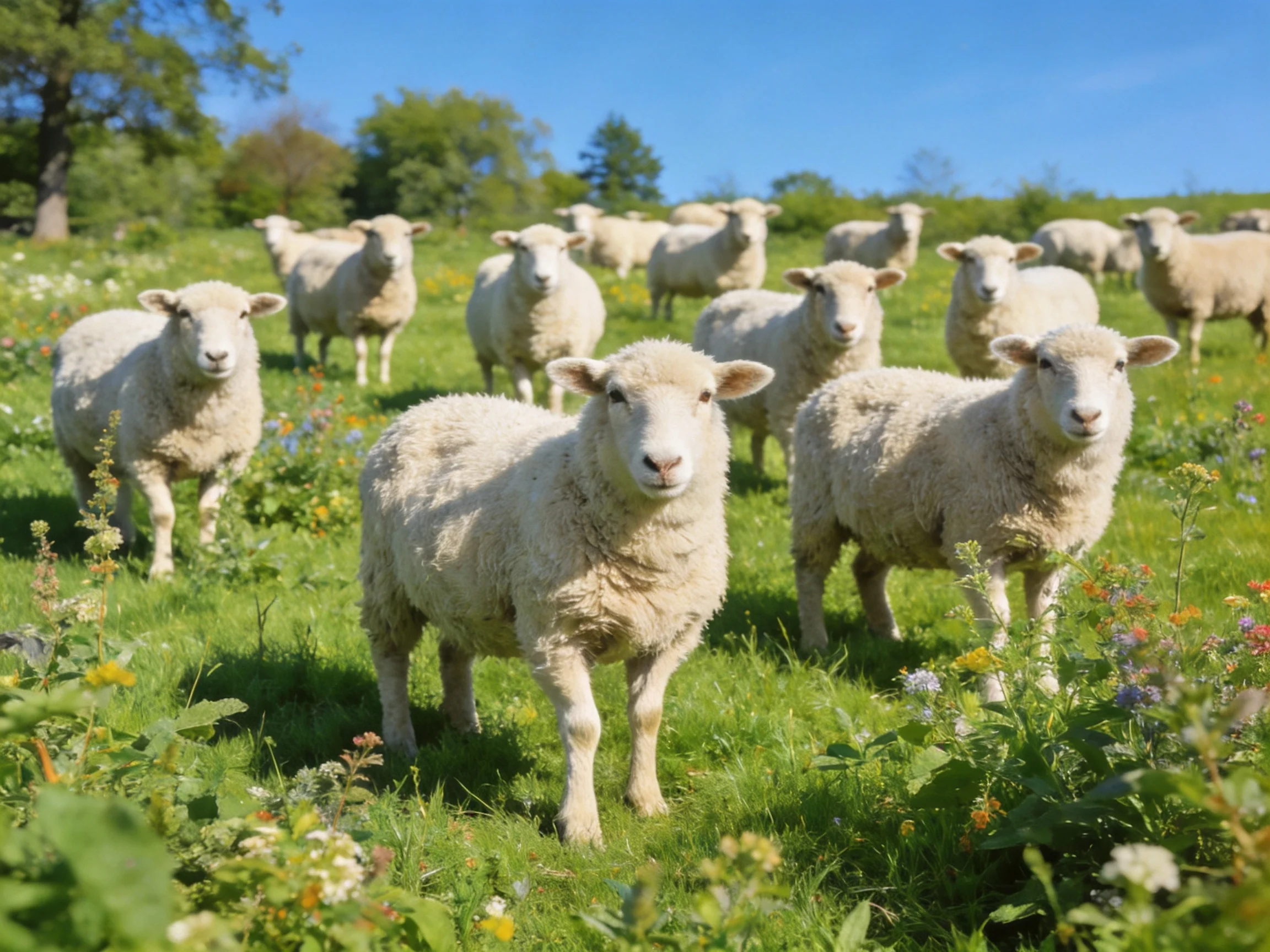 A flock of fluffy white sheep in a vibrant green meadow