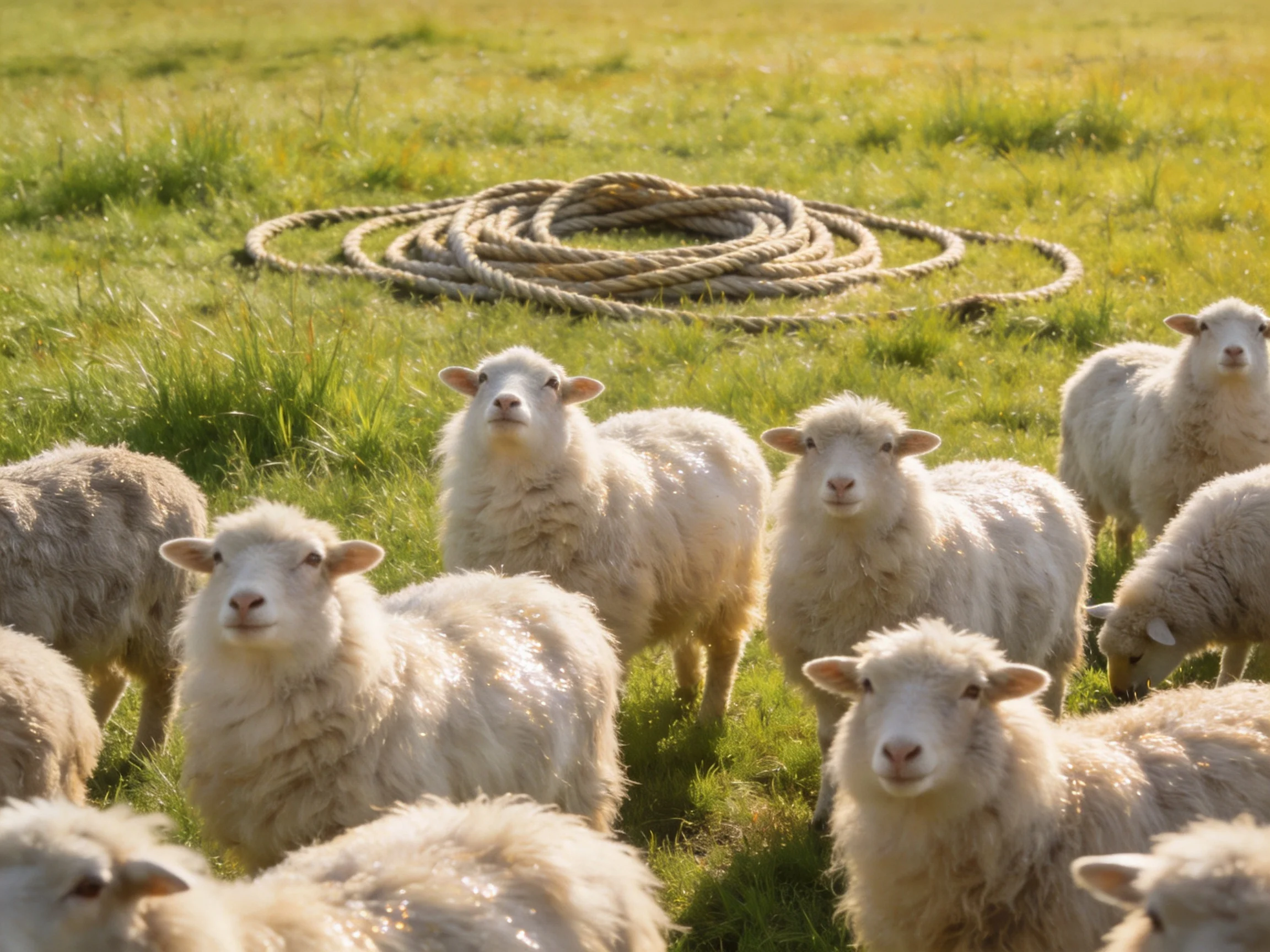 Fluffy white sheep gather in a sunlit meadow with a coiled rope in the distance.