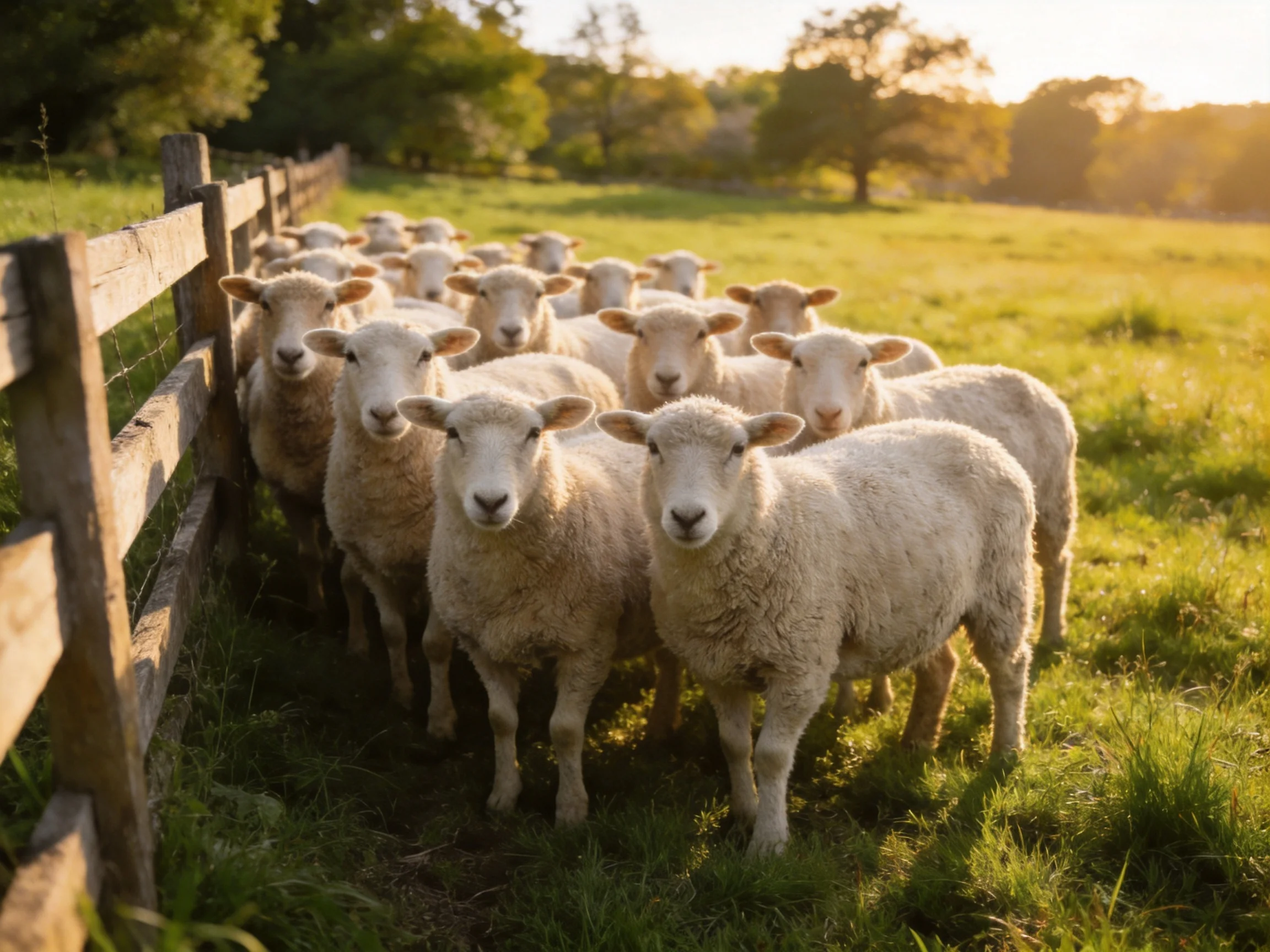 A flock of fluffy white sheep near a wooden fence in a sunlit meadow