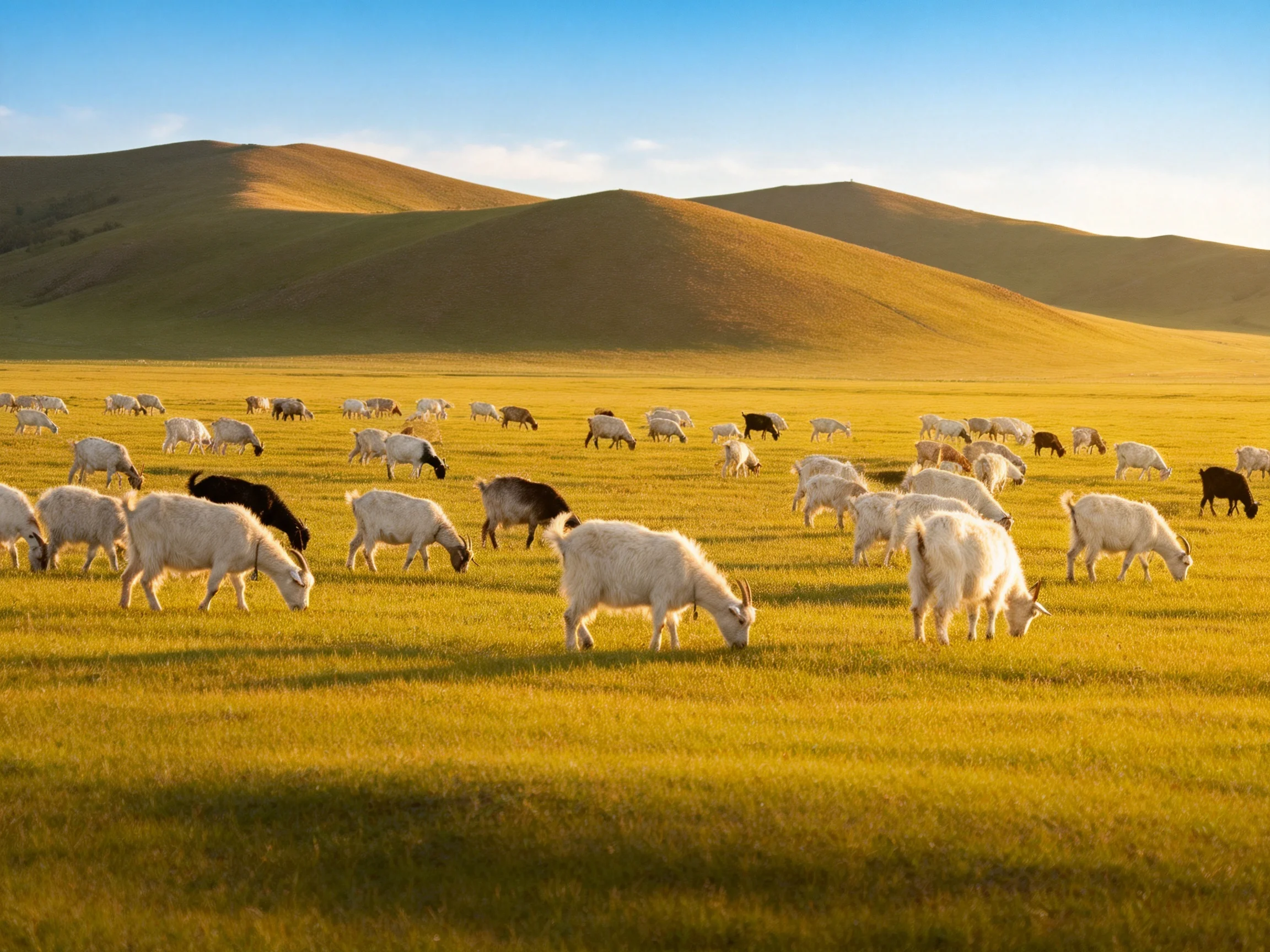 A flock of goats grazes on golden grassland near rolling hills