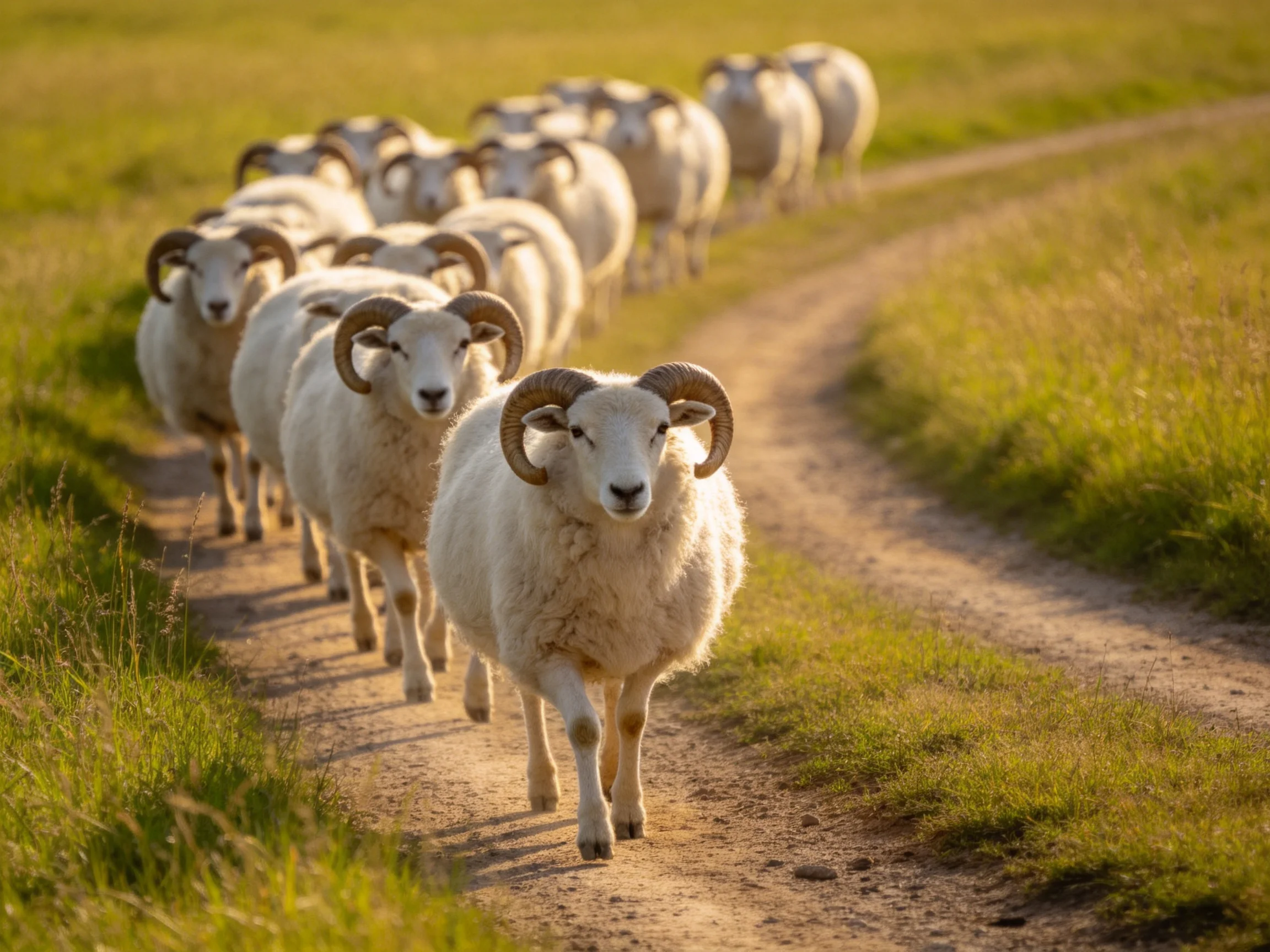 A flock of horned sheep marches along a sunlit dirt path
