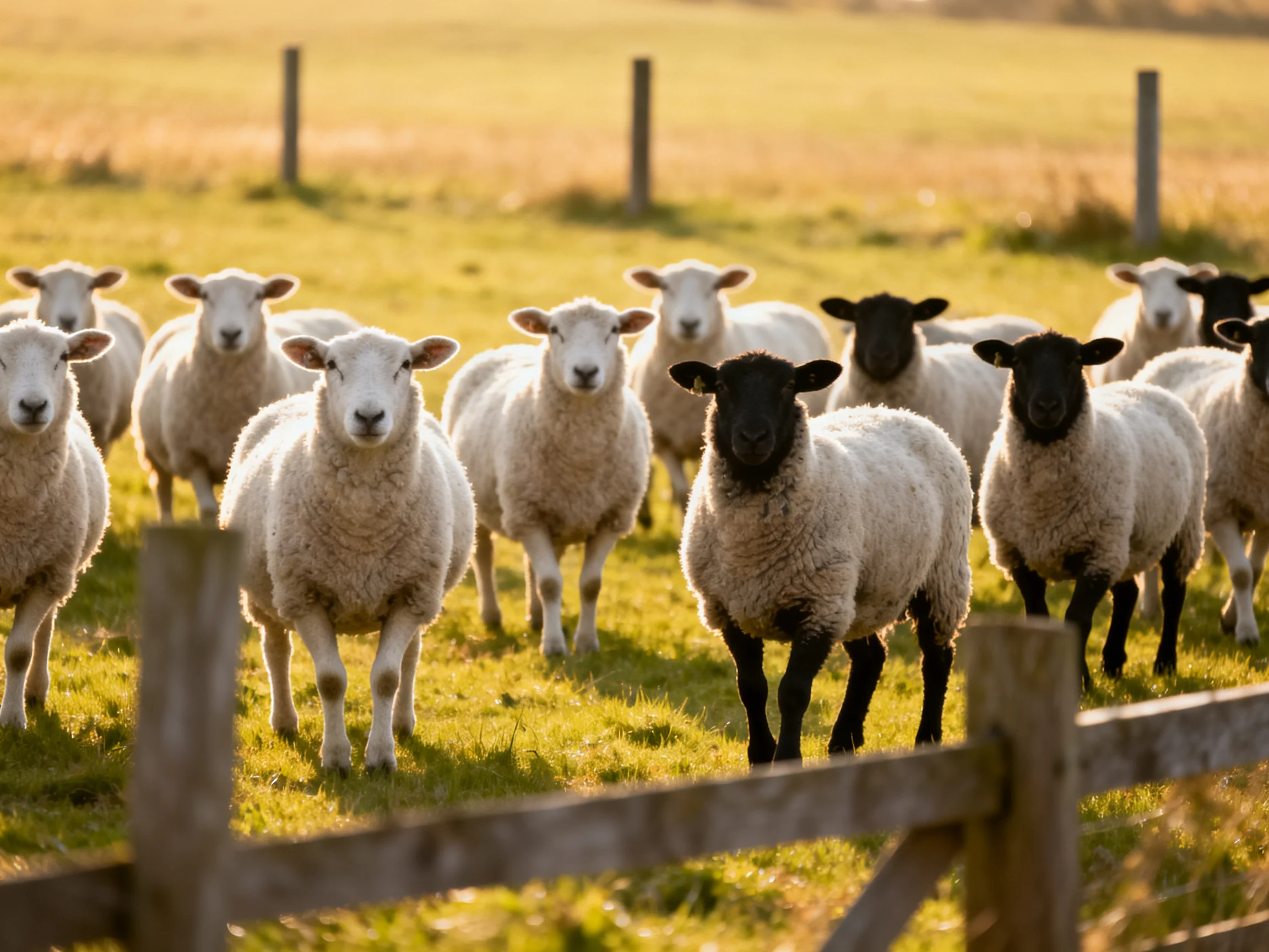 A flock of mostly white sheep with two black-faced individuals in a sunny pasture