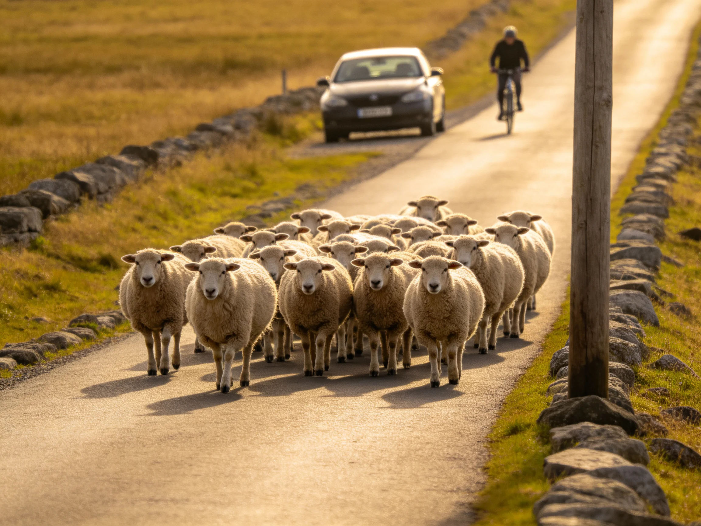 A flock of sheep blocks a rural road with a car and cyclist