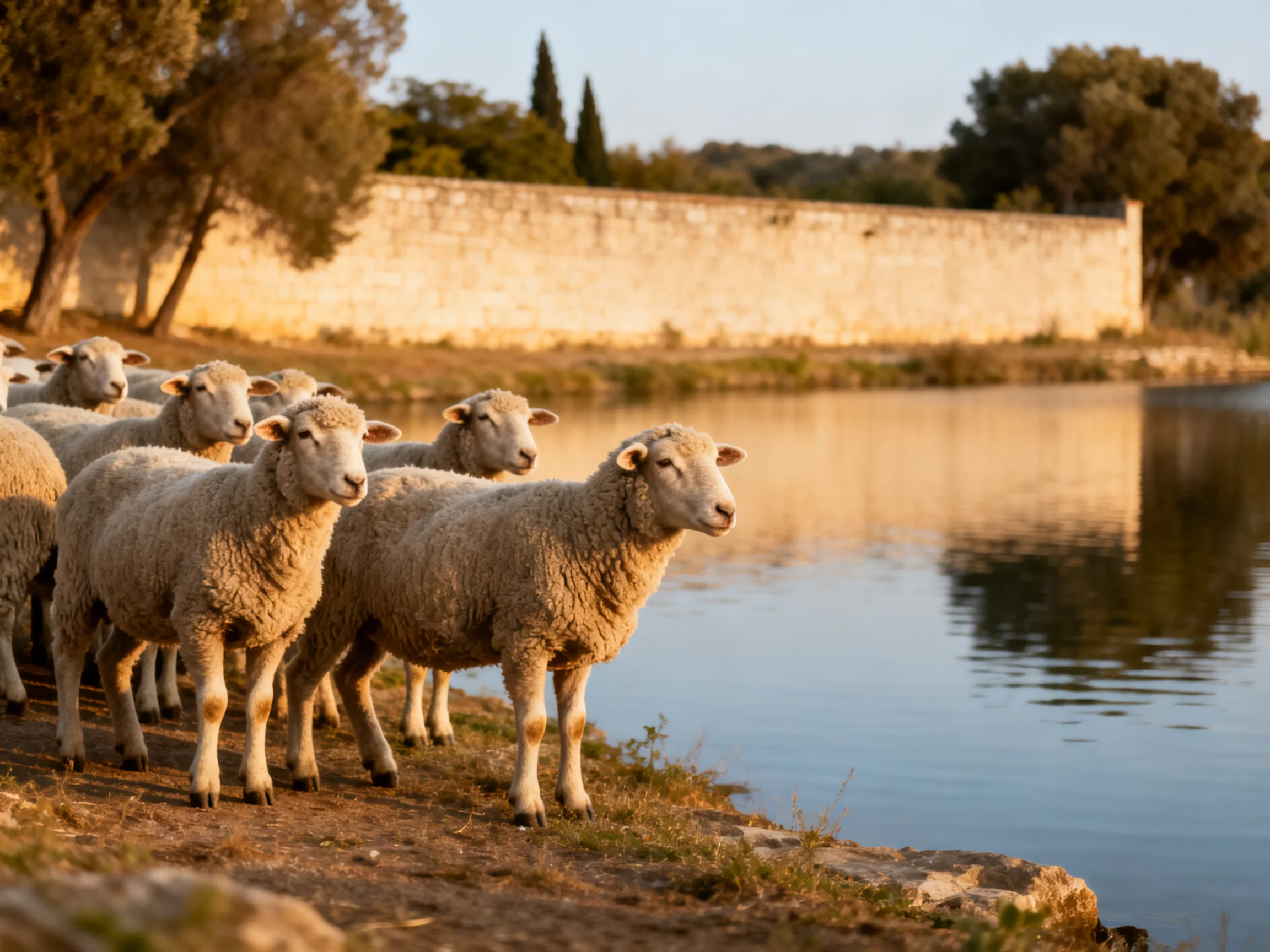 A flock of sheep by calm water beside an old stone wall