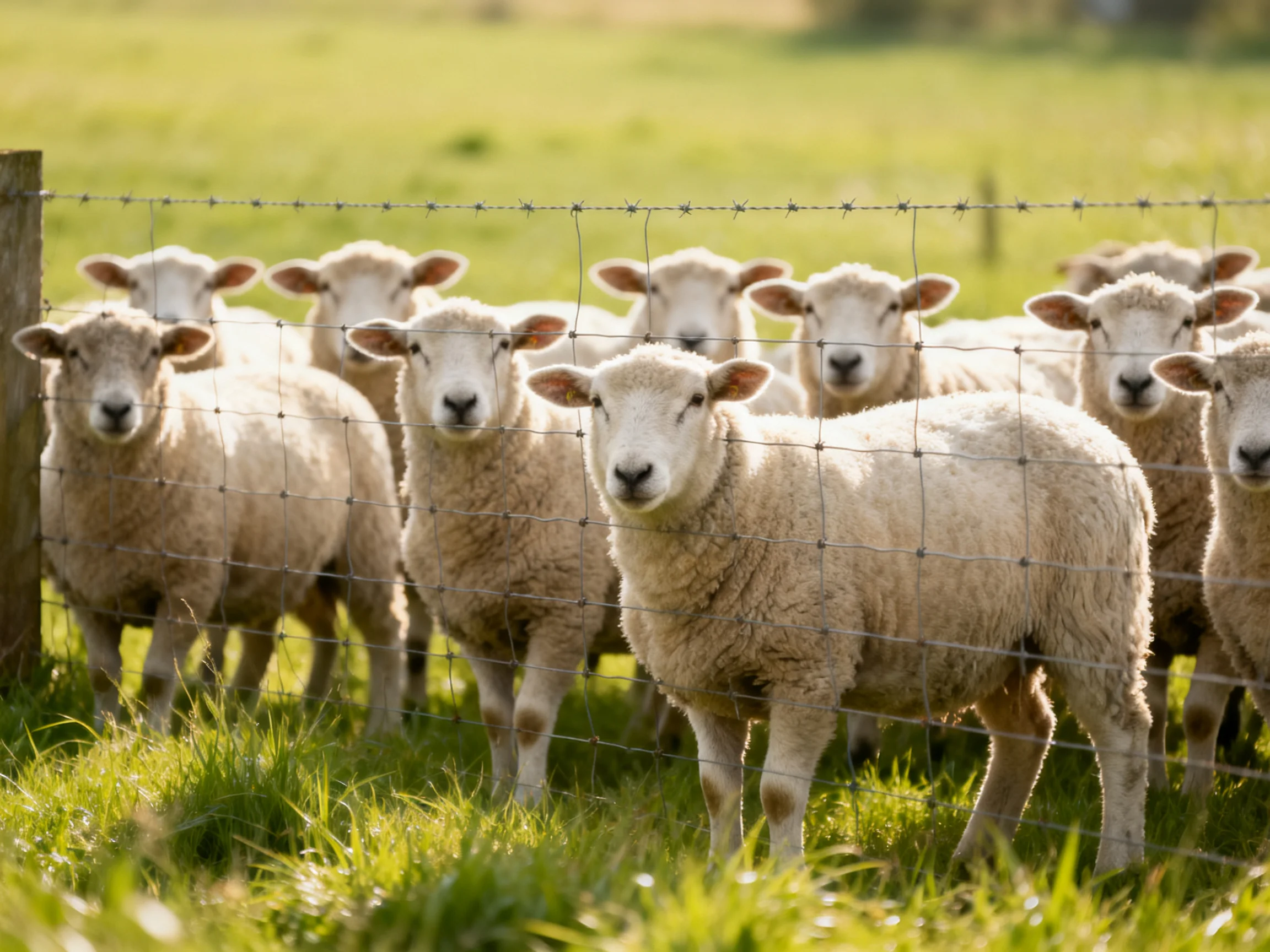 A flock of sheep gathered behind a barbed wire fence