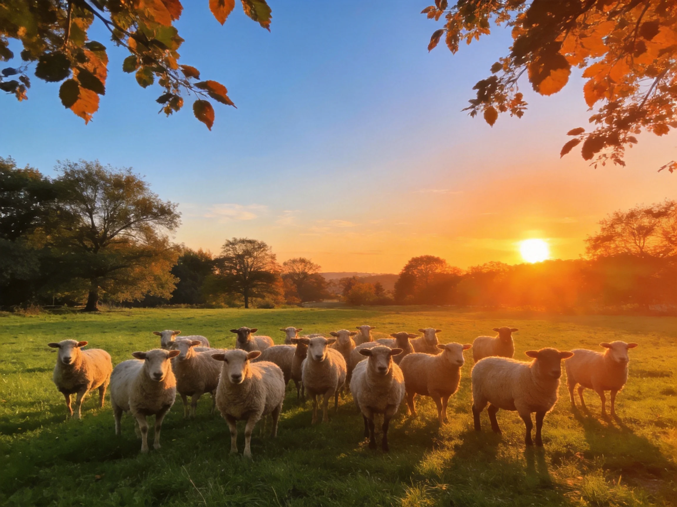 A flock of sheep gathered in a golden field at sunset