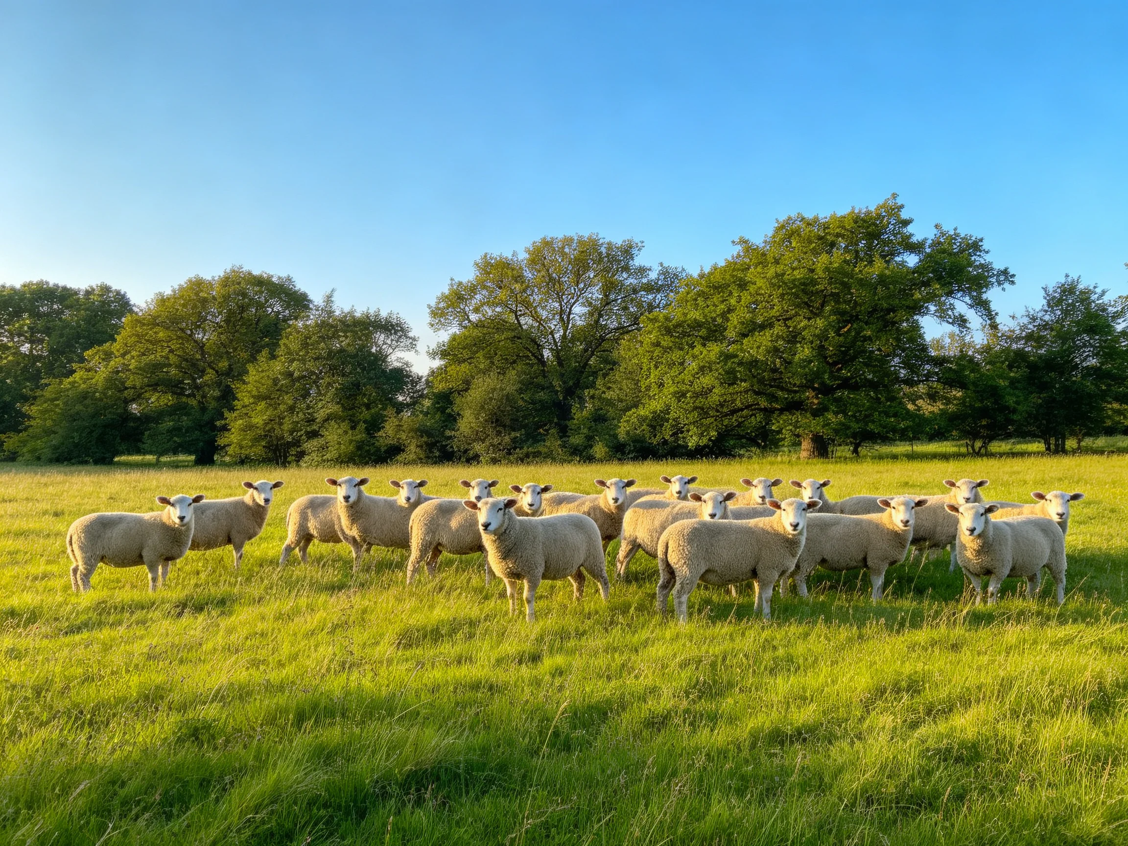 A flock of sheep gathered in a lush green meadow near tall trees