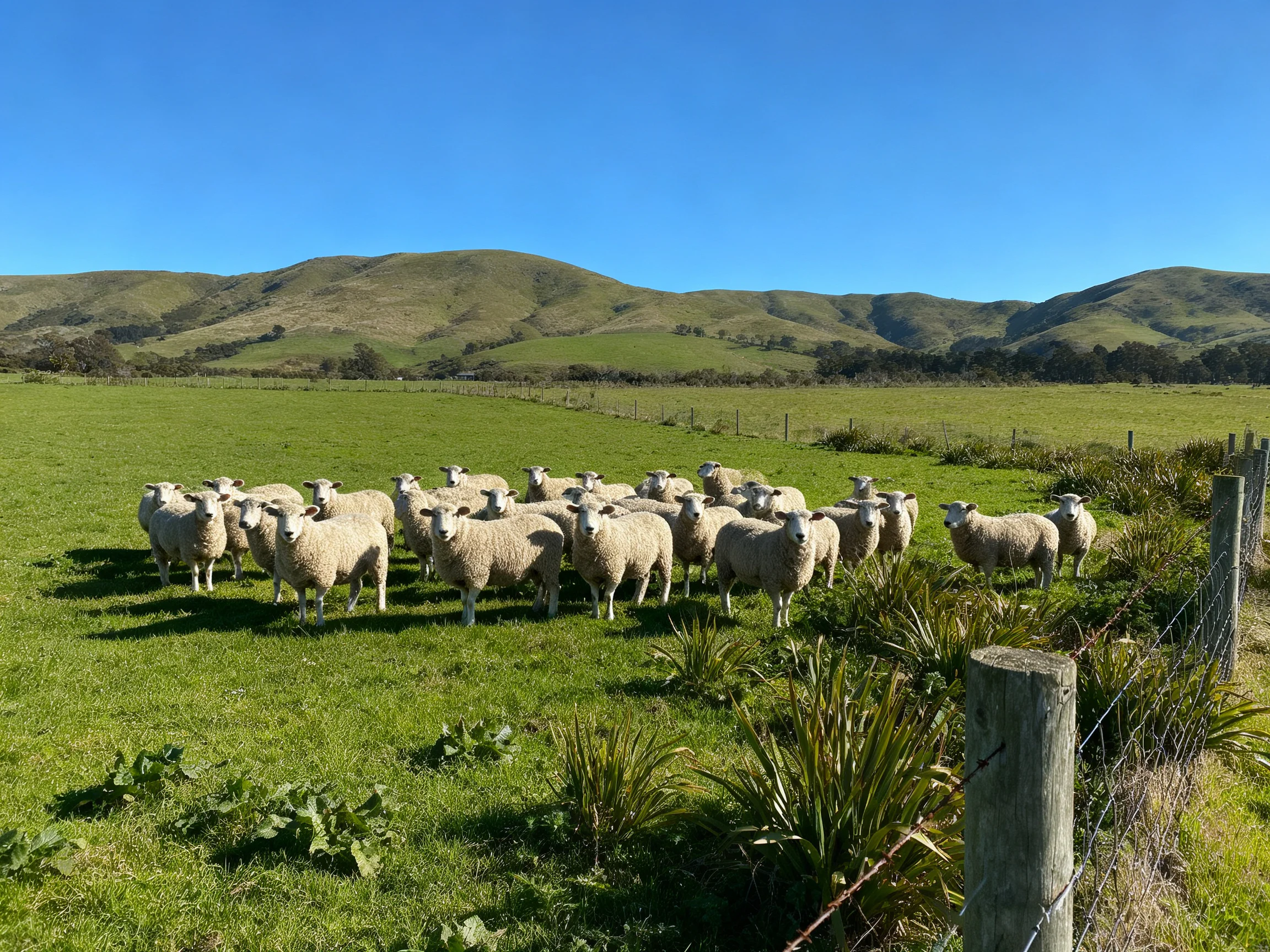 A flock of sheep gathered in a lush green pasture near rolling hills