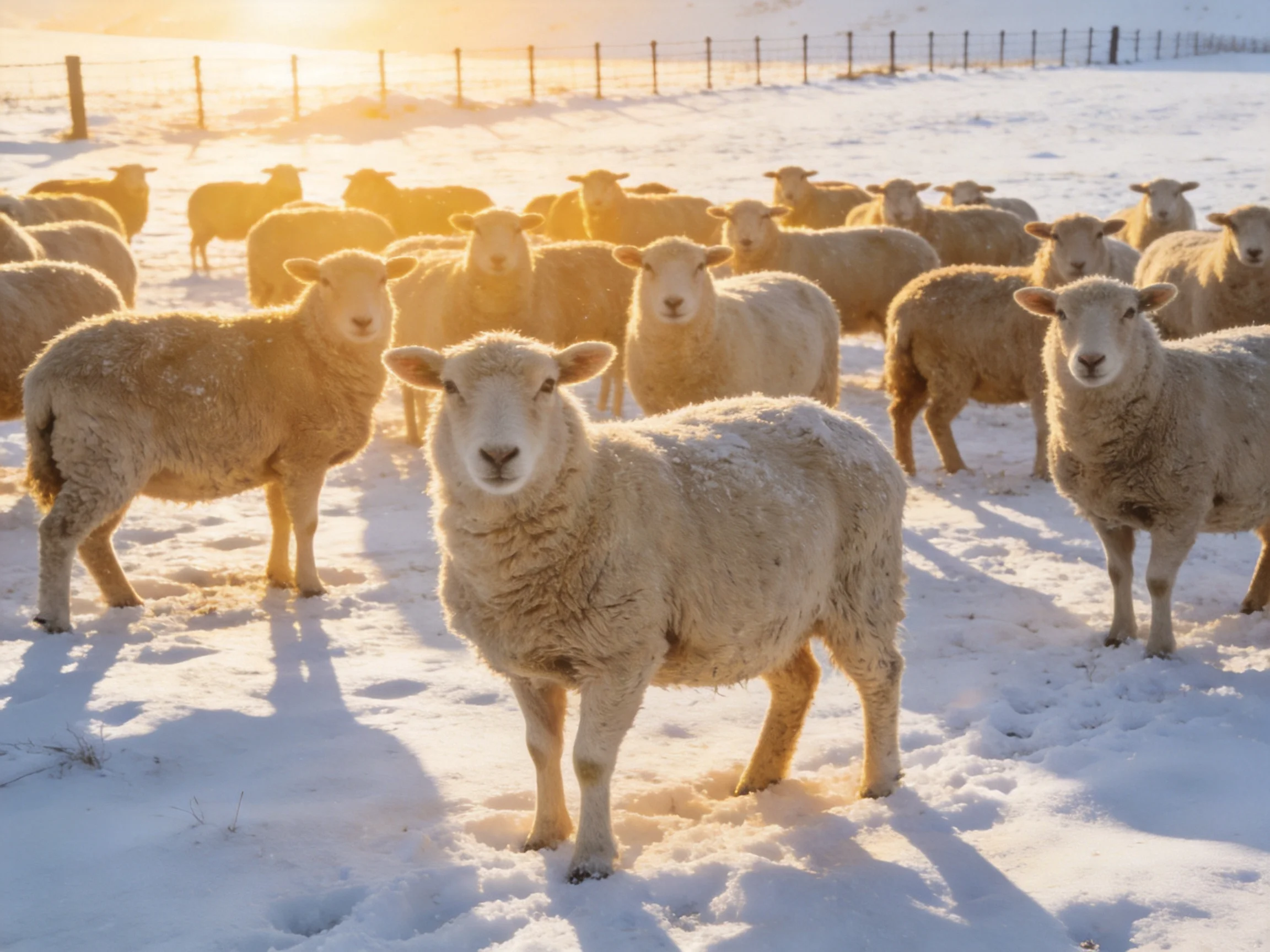 A flock of sheep gathered in a snow-covered field under golden sunlight