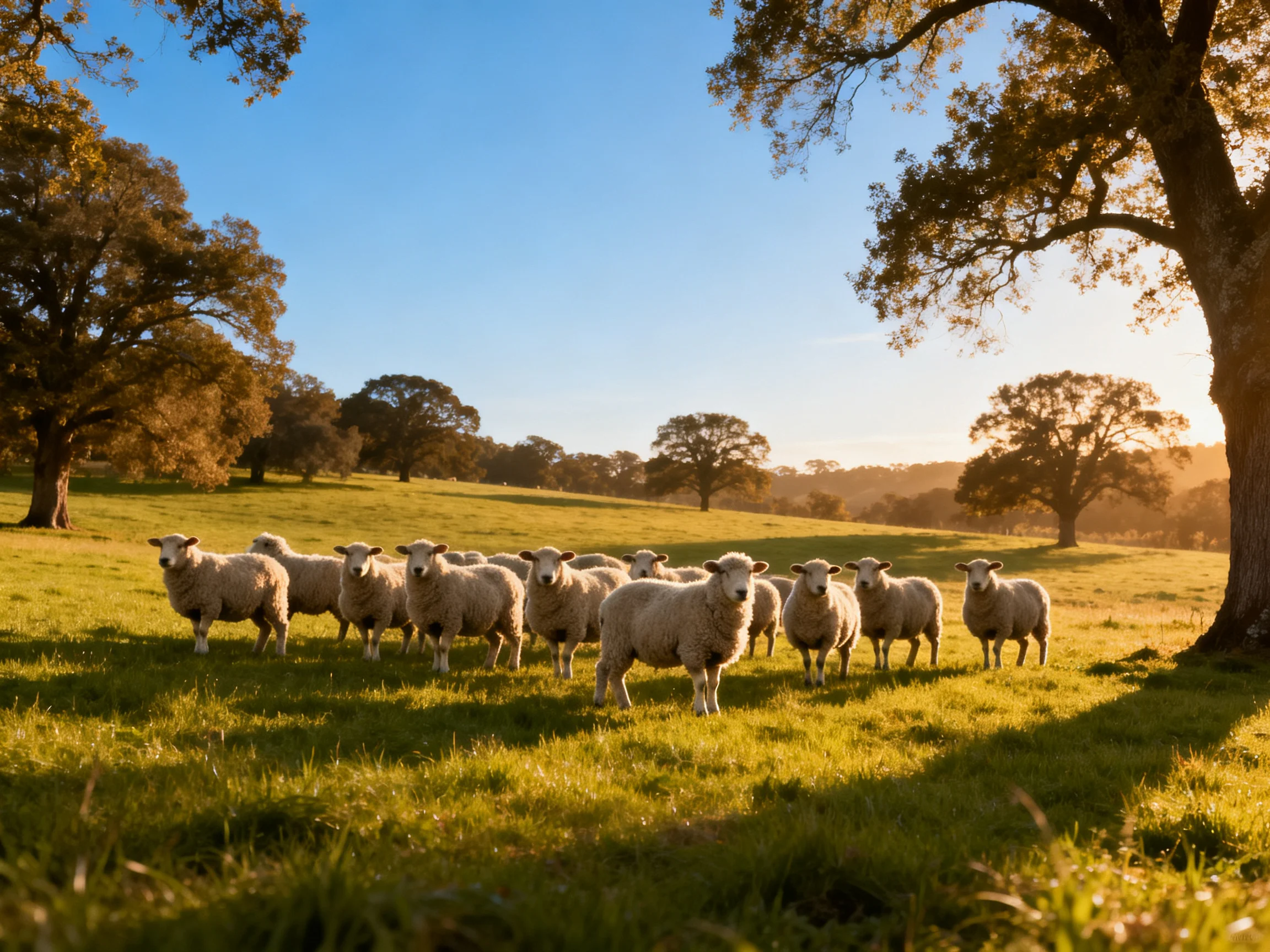 A flock of sheep gathered in a sunlit green pasture with large trees