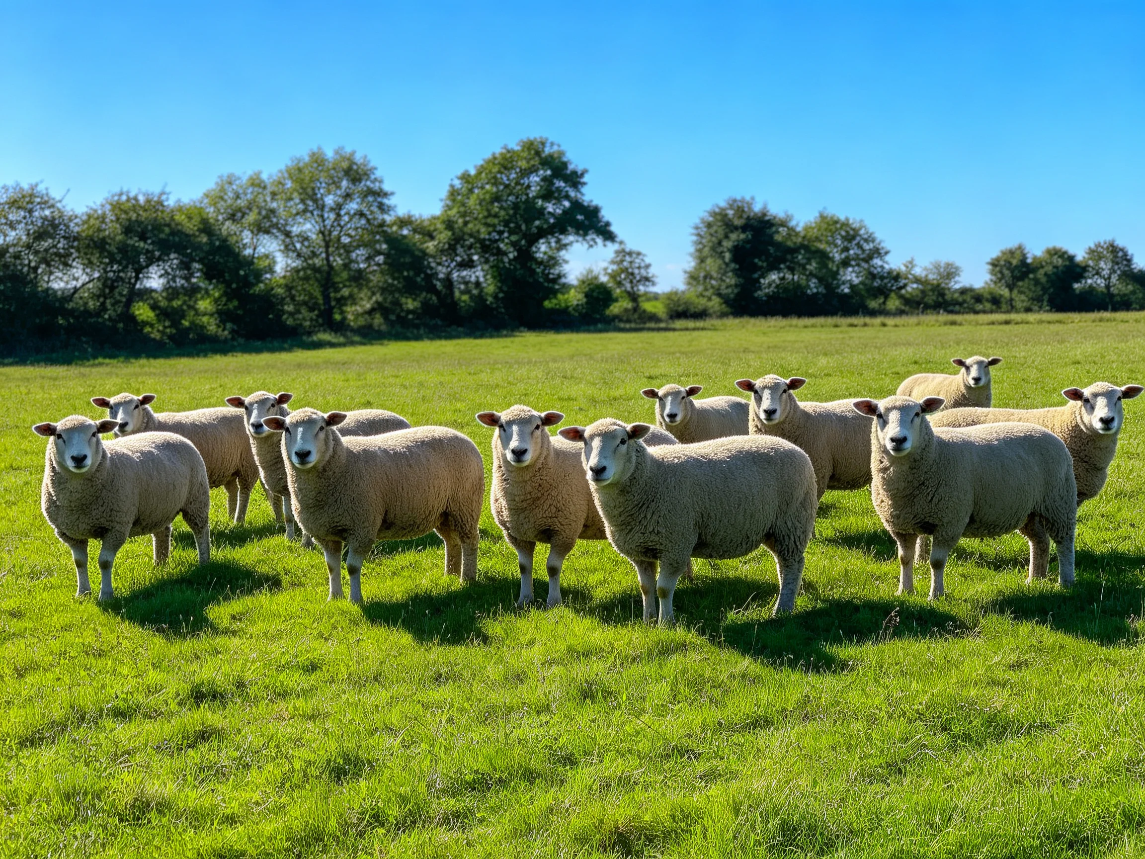 A flock of sheep gathered in a sunlit green pasture with trees