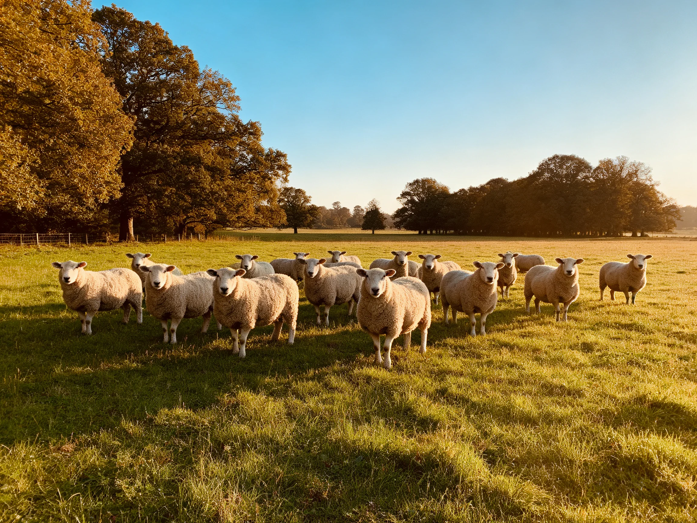 A flock of sheep gathered in a sunlit meadow with large trees
