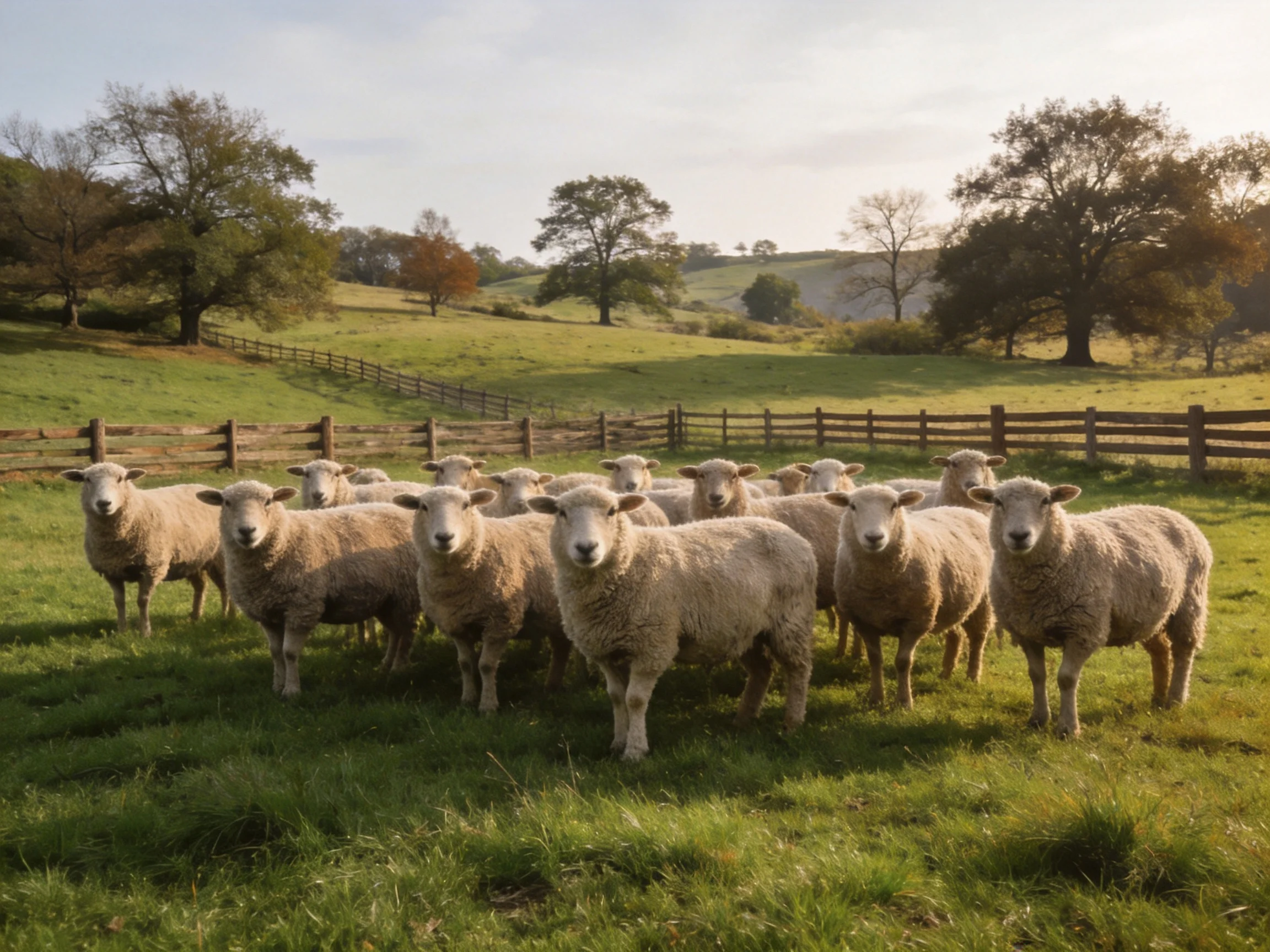 A flock of sheep gathered in a sunlit pastoral field