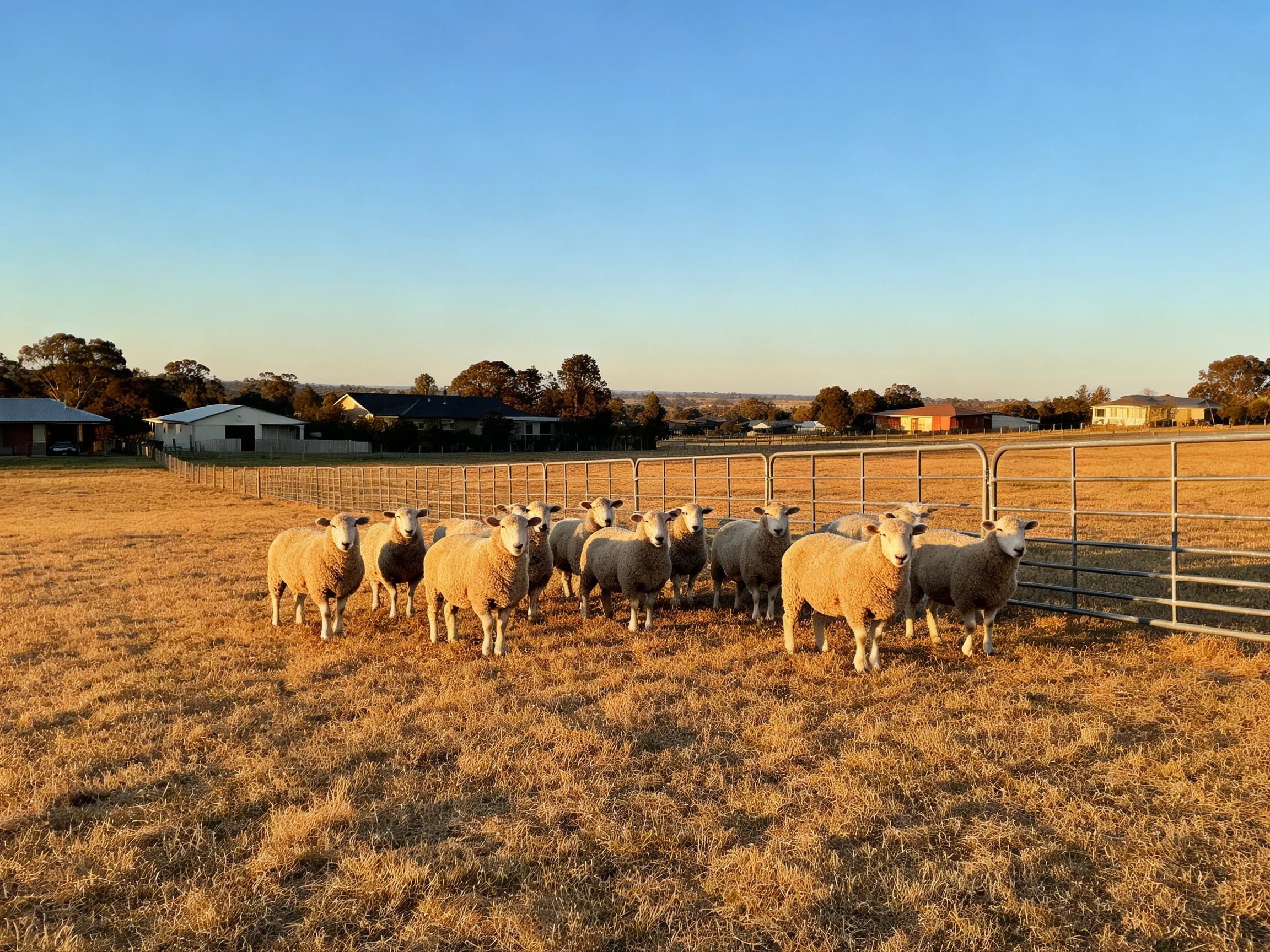 A flock of sheep gathered near a metal fence in a golden field