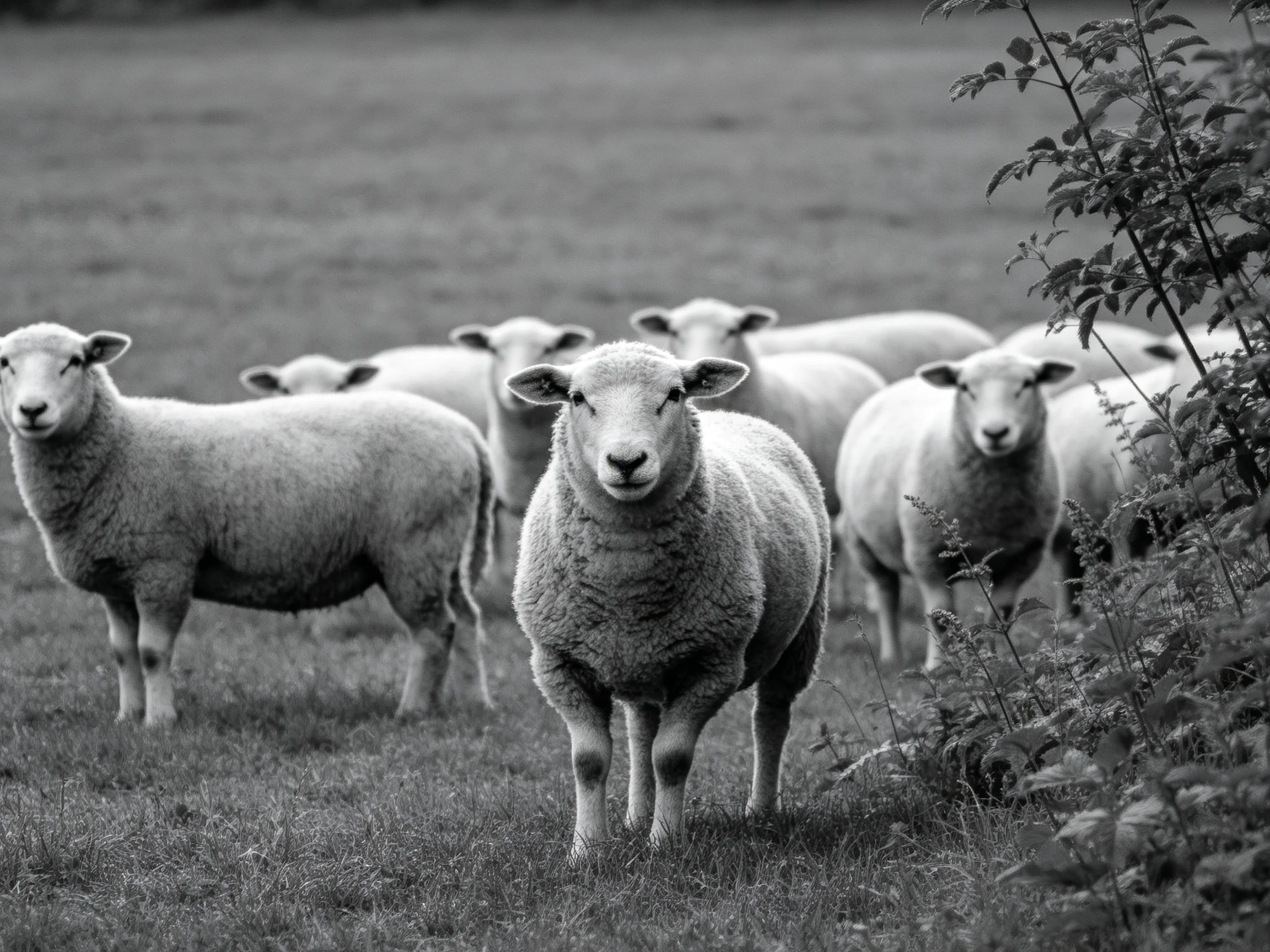 A flock of sheep gathered near vegetation in a grassy field