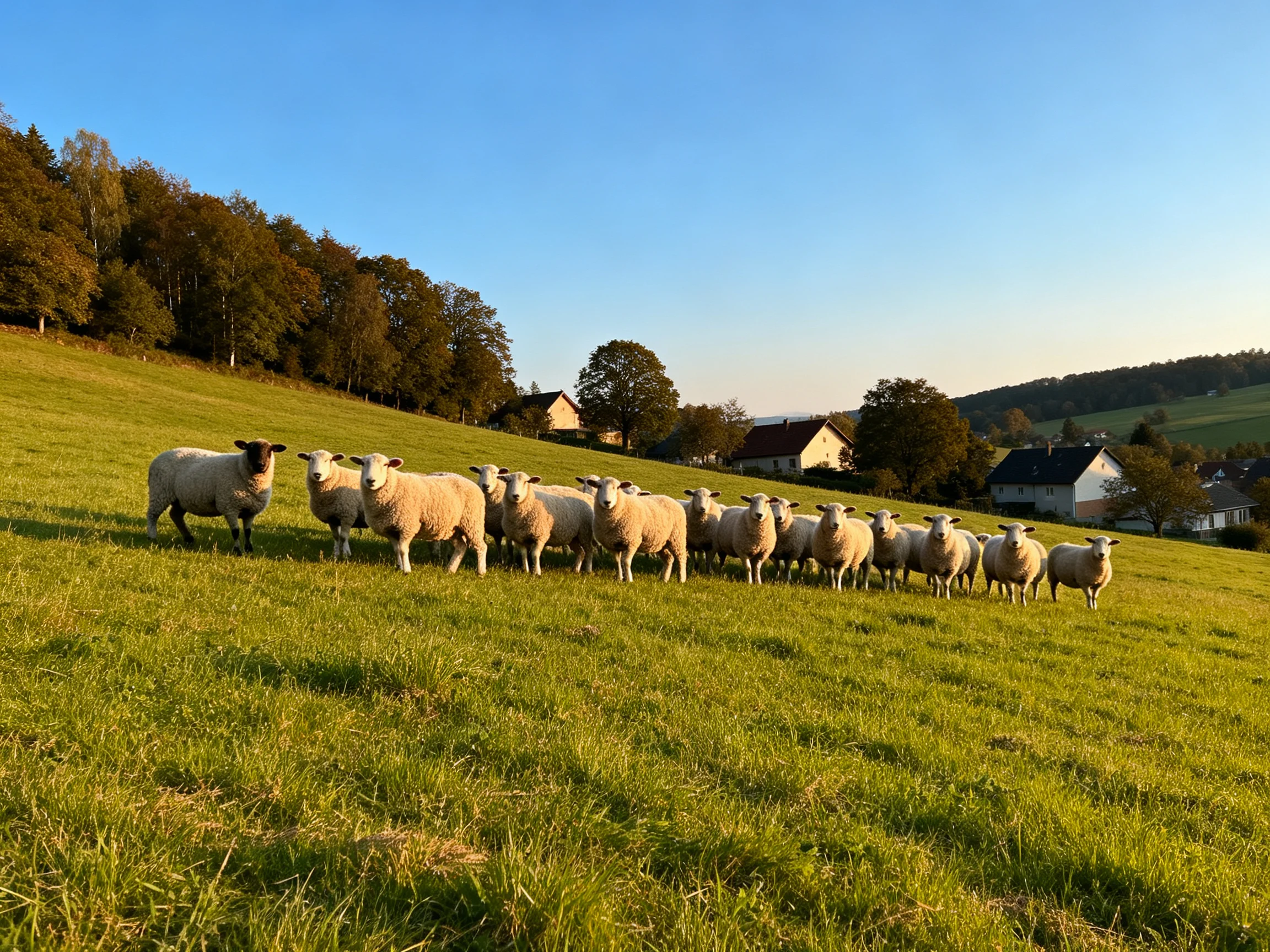 A flock of sheep gathered on a lush green hillside near houses