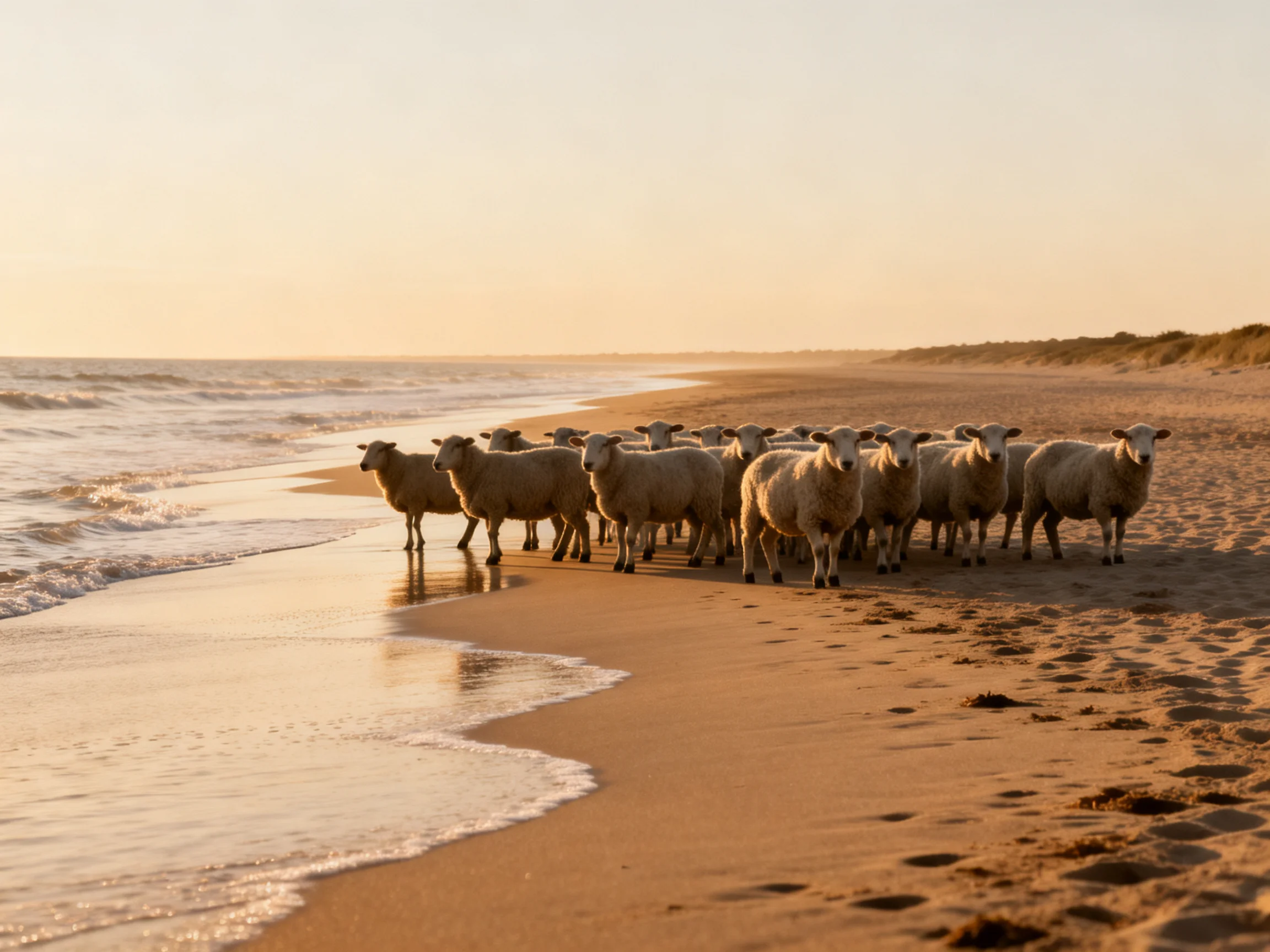 A flock of sheep gathered on a sandy beach shoreline at sunset