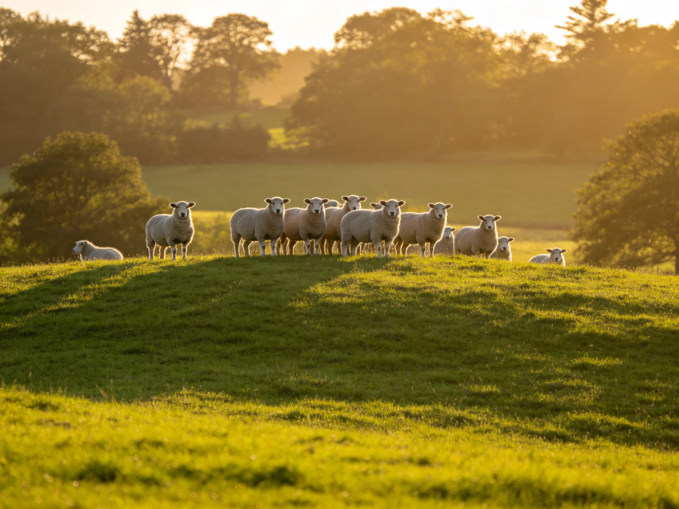 A flock of sheep gathered on a sunlit green hillside