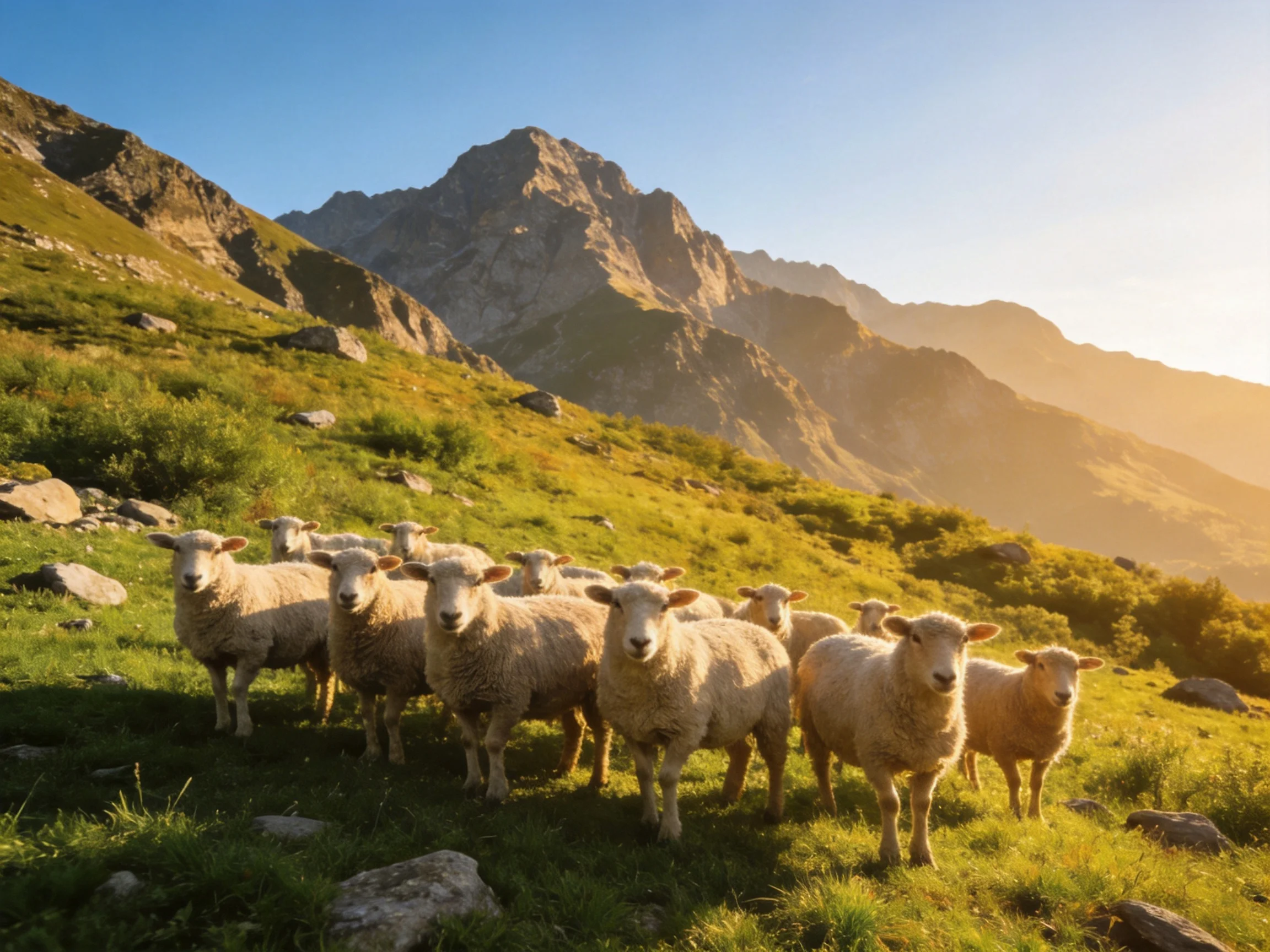 A flock of sheep gathered on a sunlit mountain meadow