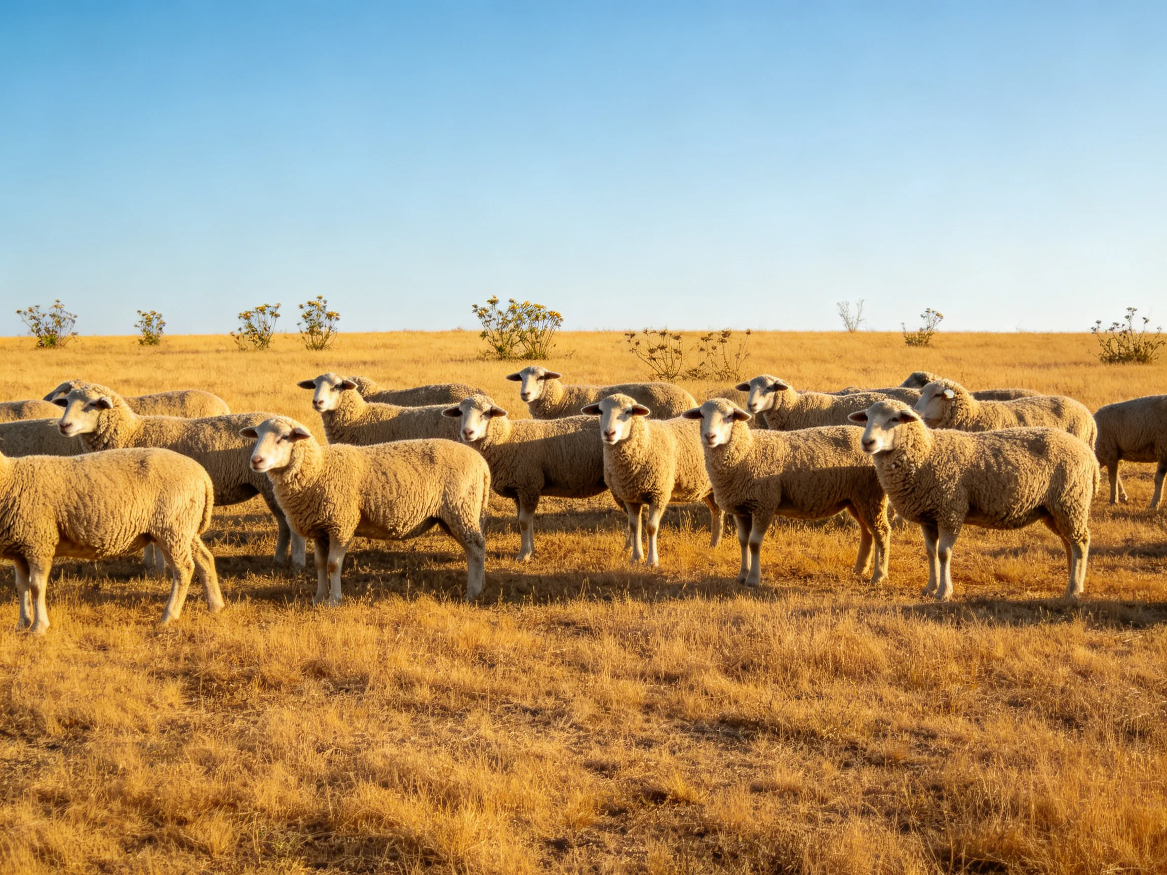 A flock of sheep gathers in a golden field under clear blue sky