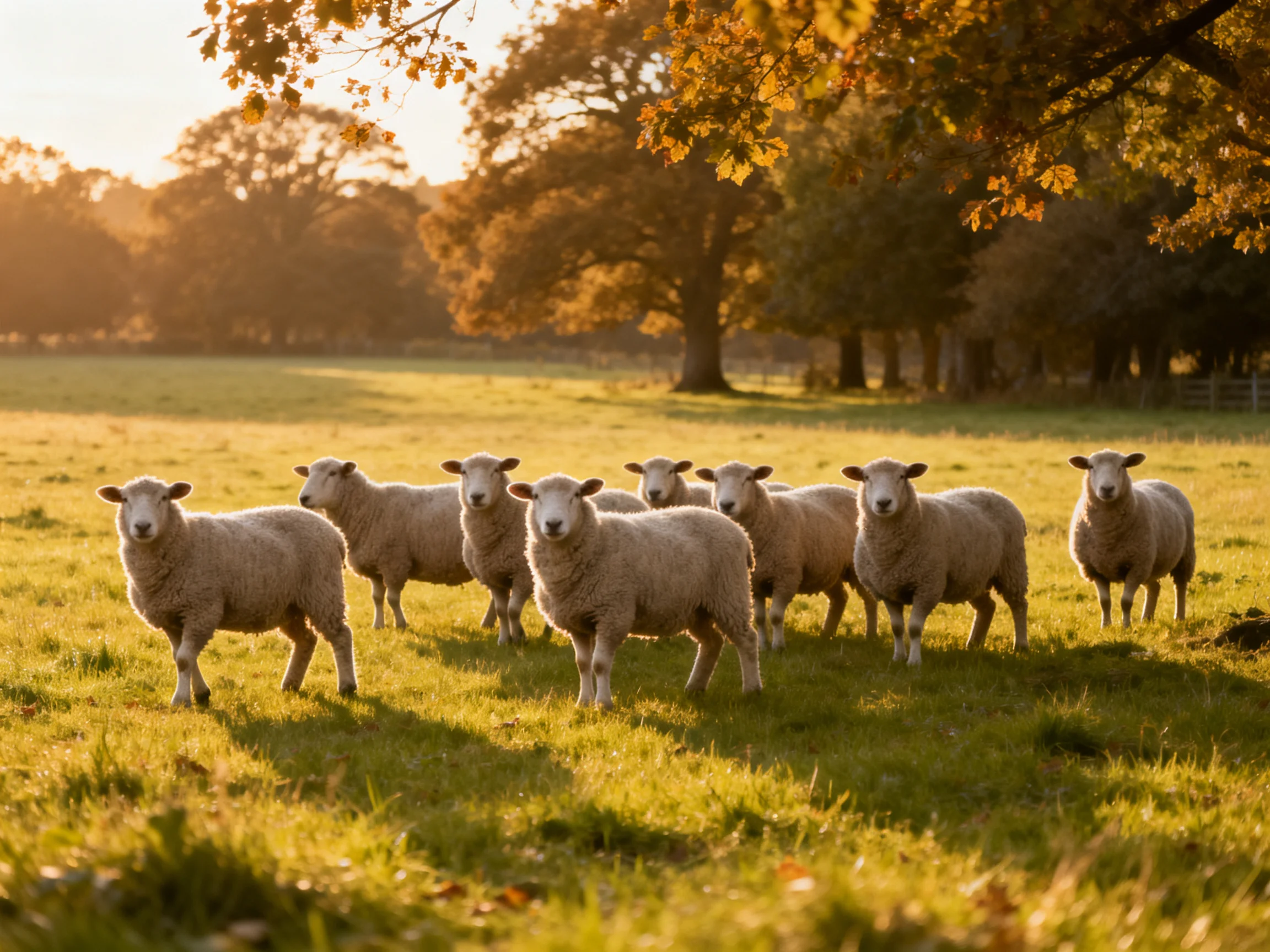 A flock of sheep gathers in a sun-drenched autumn pasture with tall trees