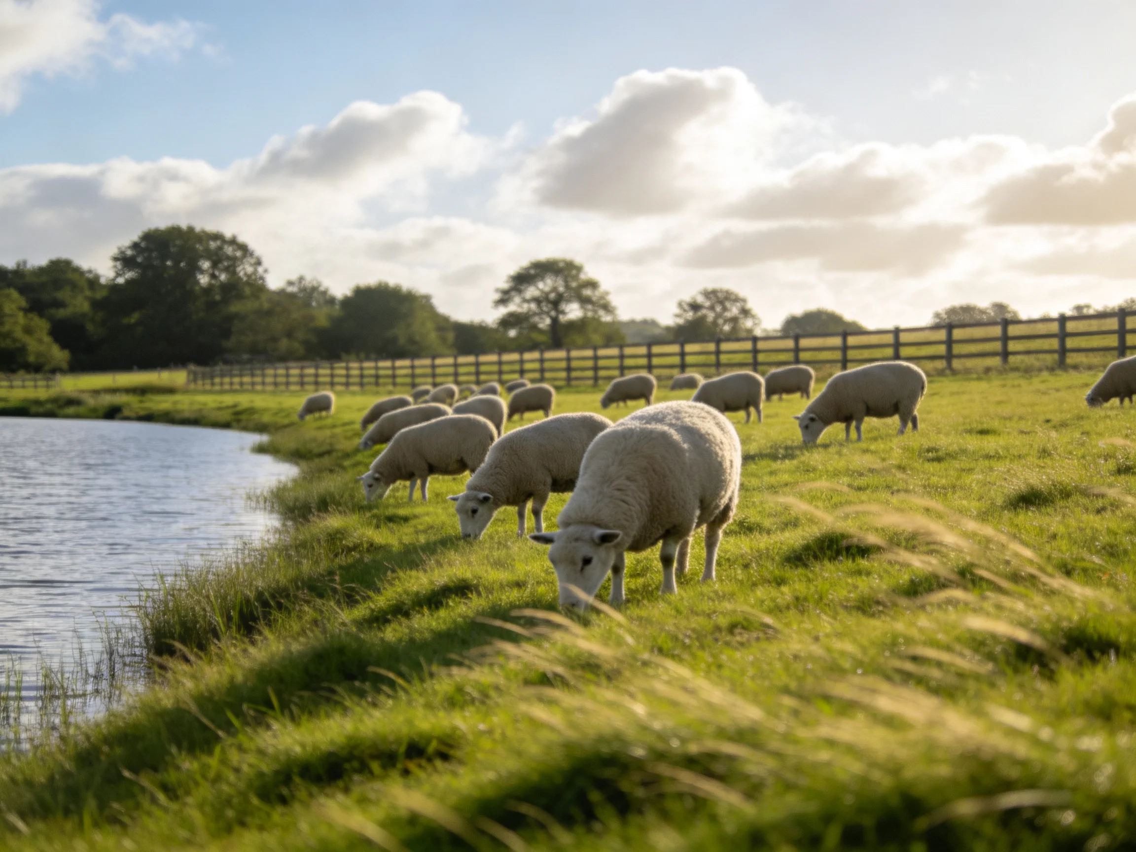 A flock of sheep graze by a tranquil pond in a sunlit pasture