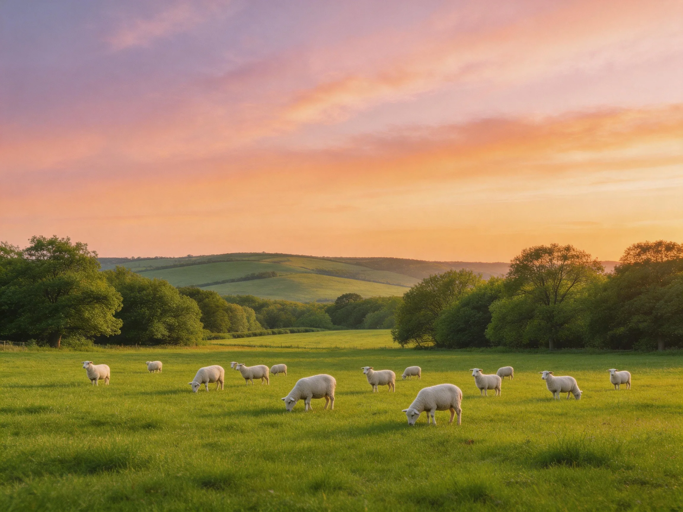 A flock of sheep graze in a golden-hued pasture at dawn