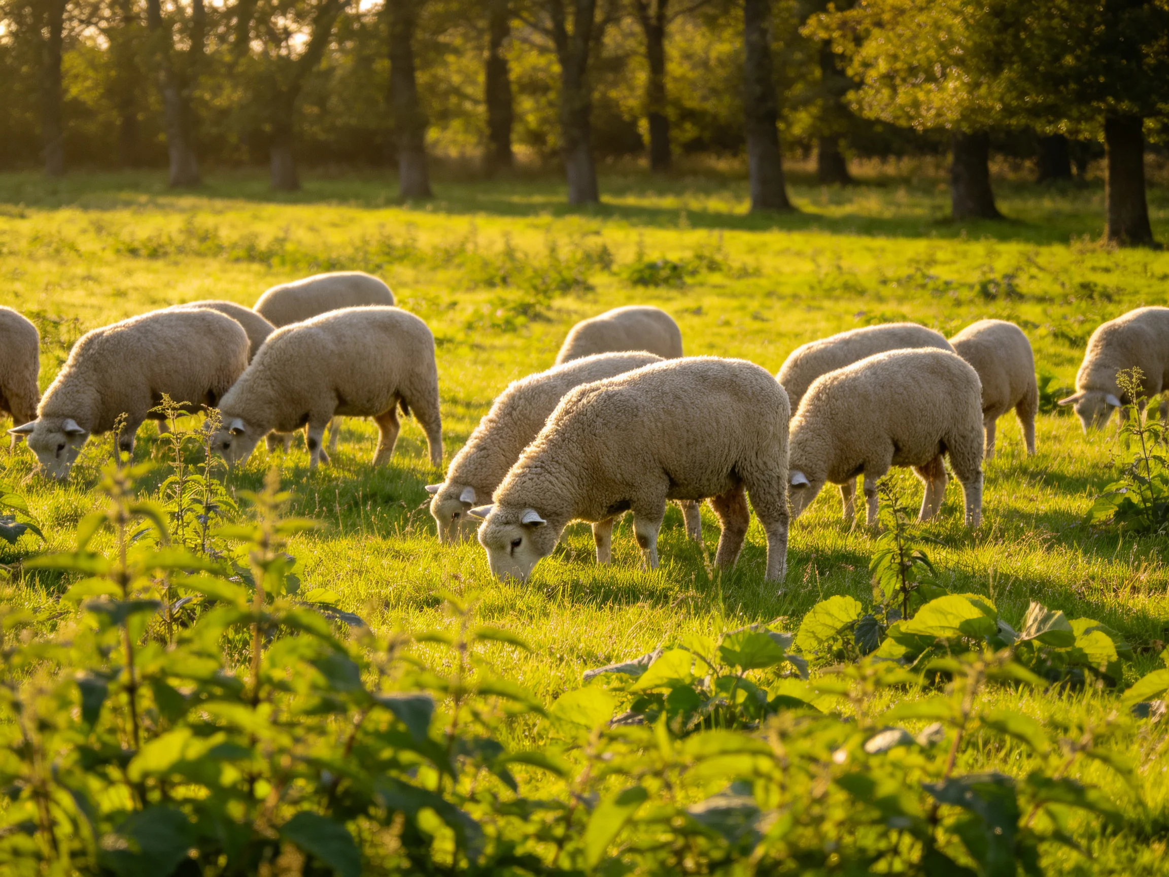 A flock of sheep graze in a golden-lit pastoral field