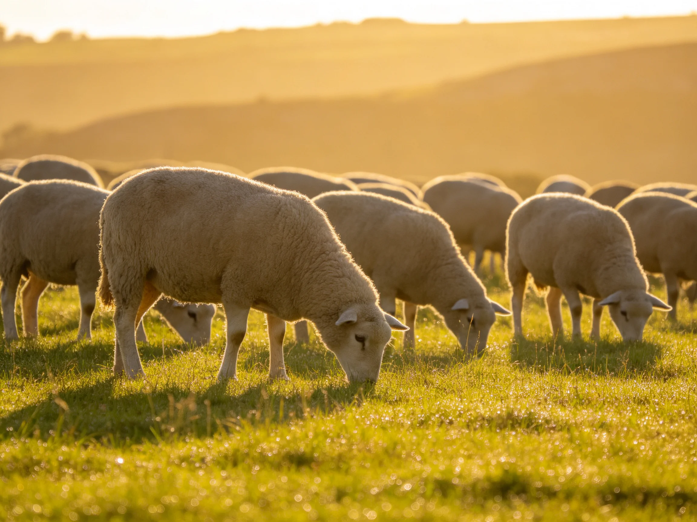 A flock of sheep graze in a golden-lit pasture