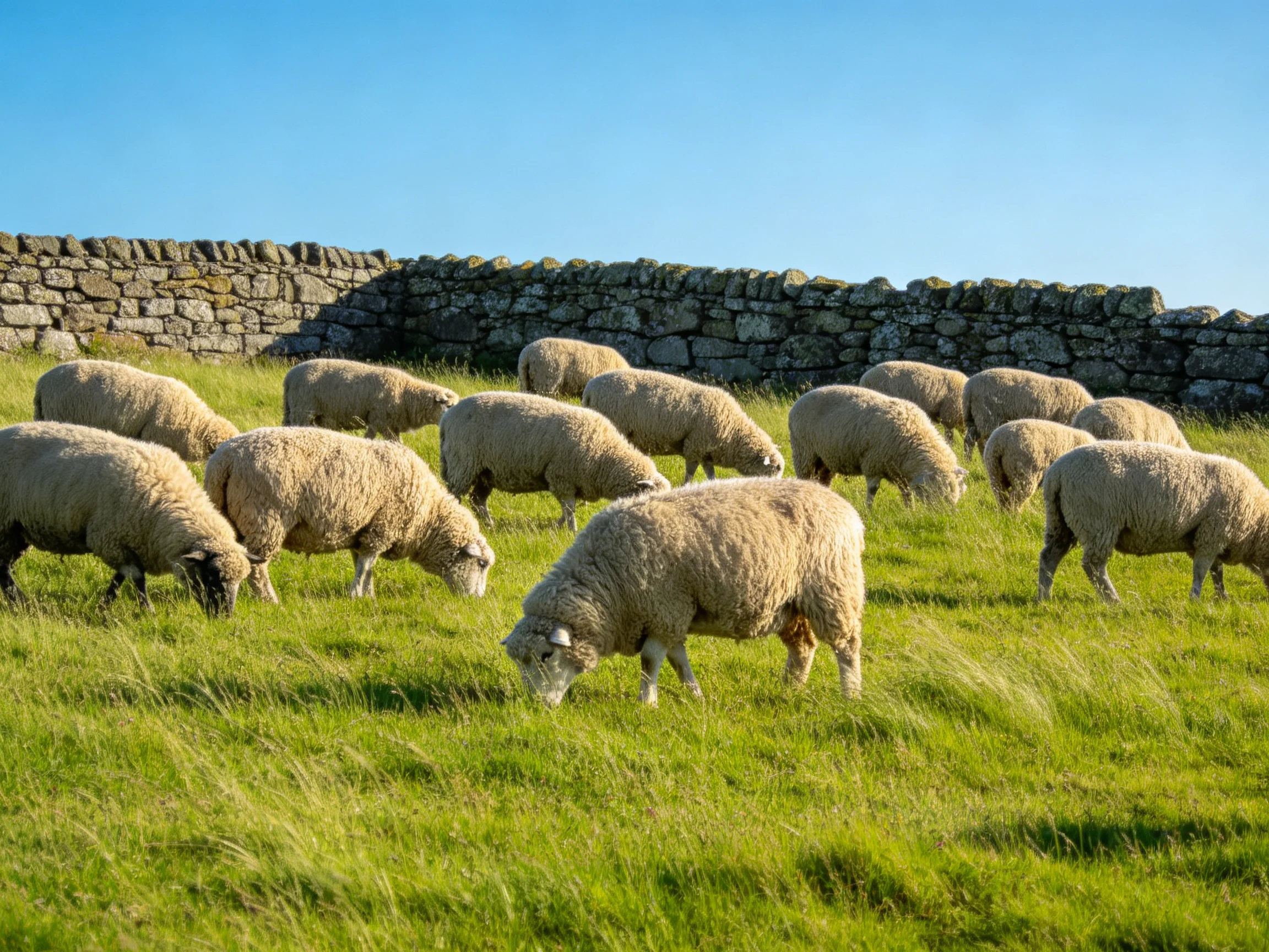 Sheep graze in a green pasture beside a stone wall.